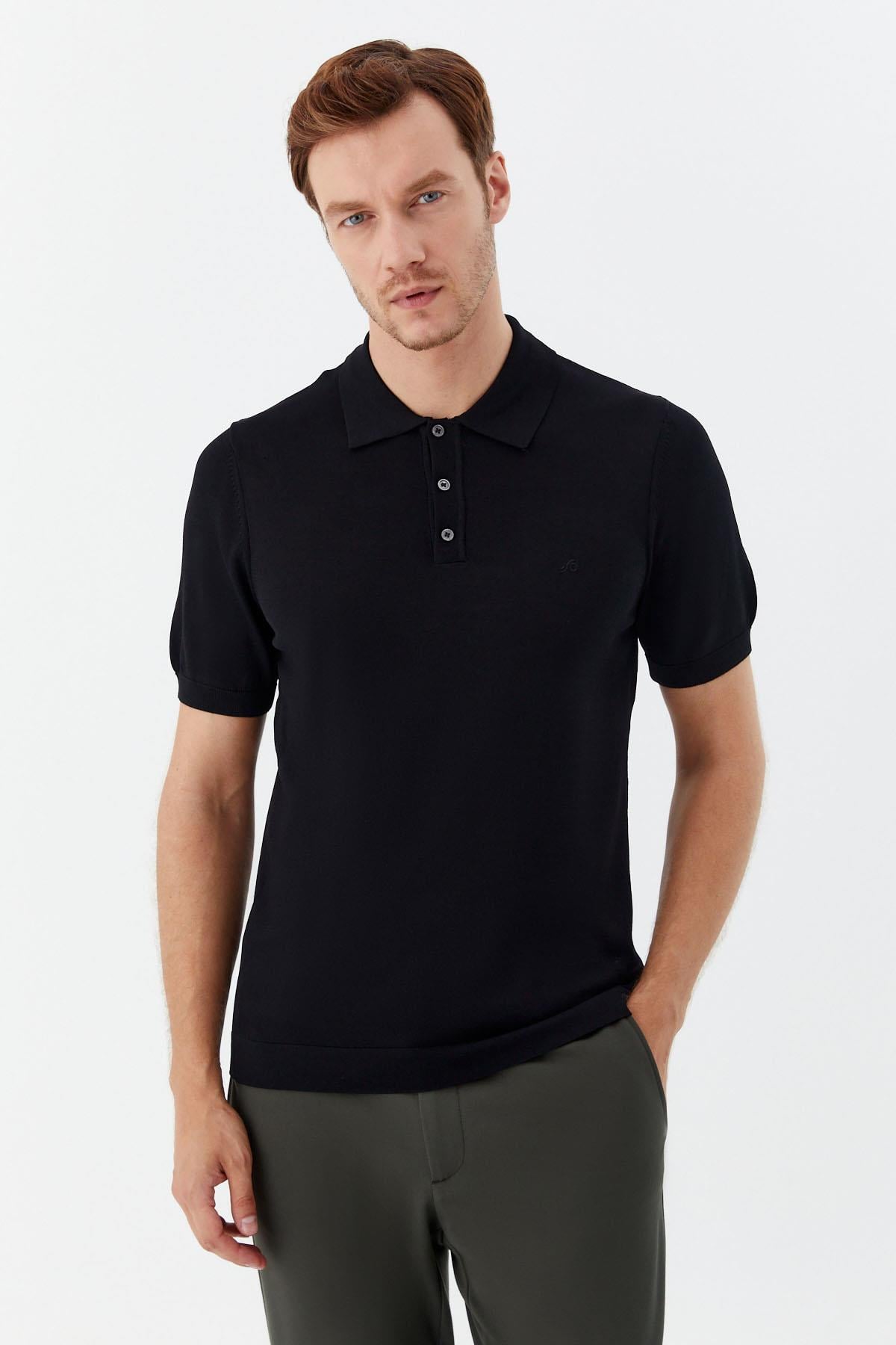 Erkek Siyah Normal Kesim Regular Fit Viskon Pike Düğmeli Polo Yaka Tişört