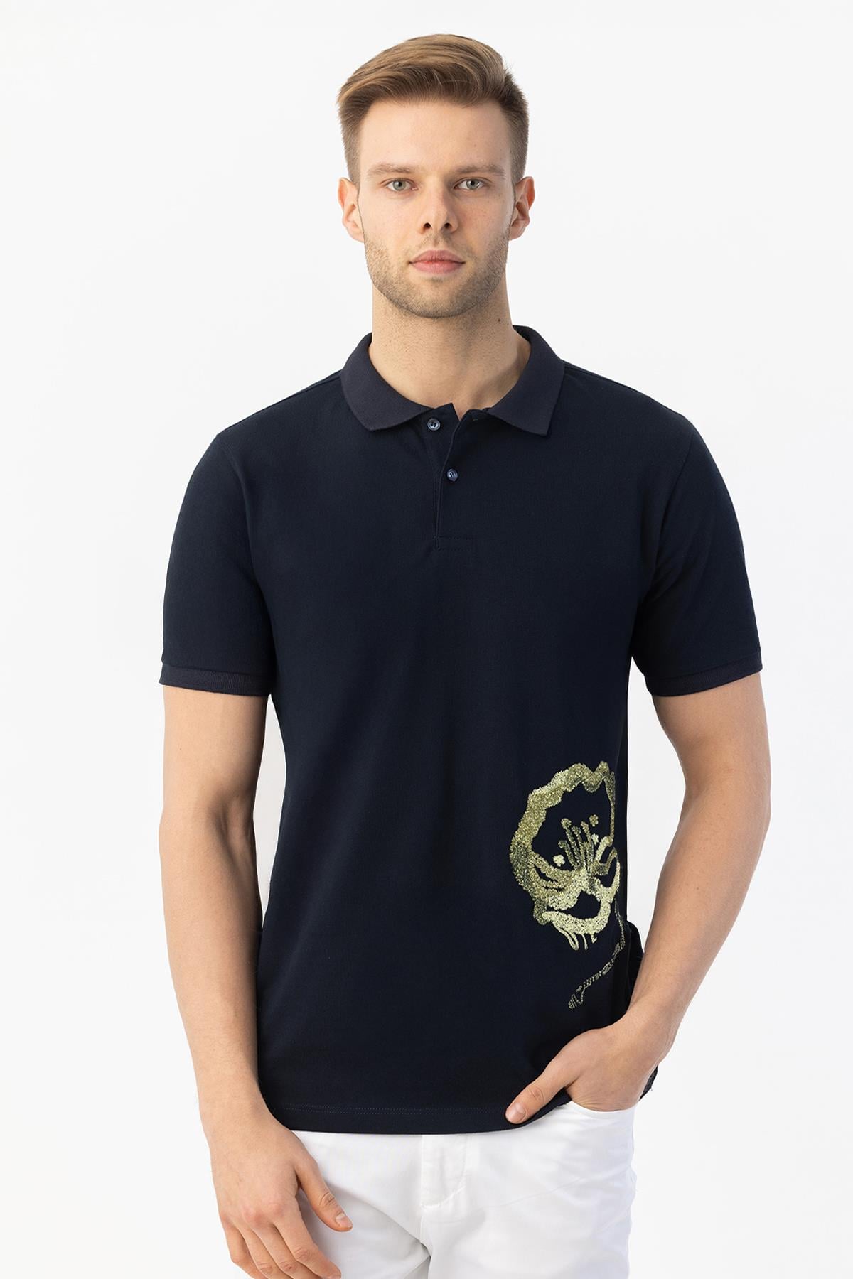 Giotelli Erkek Lacivert Dar Kesim Slim Fit %100 Pamuk Dokuma Polo Yaka Erkek Tişört