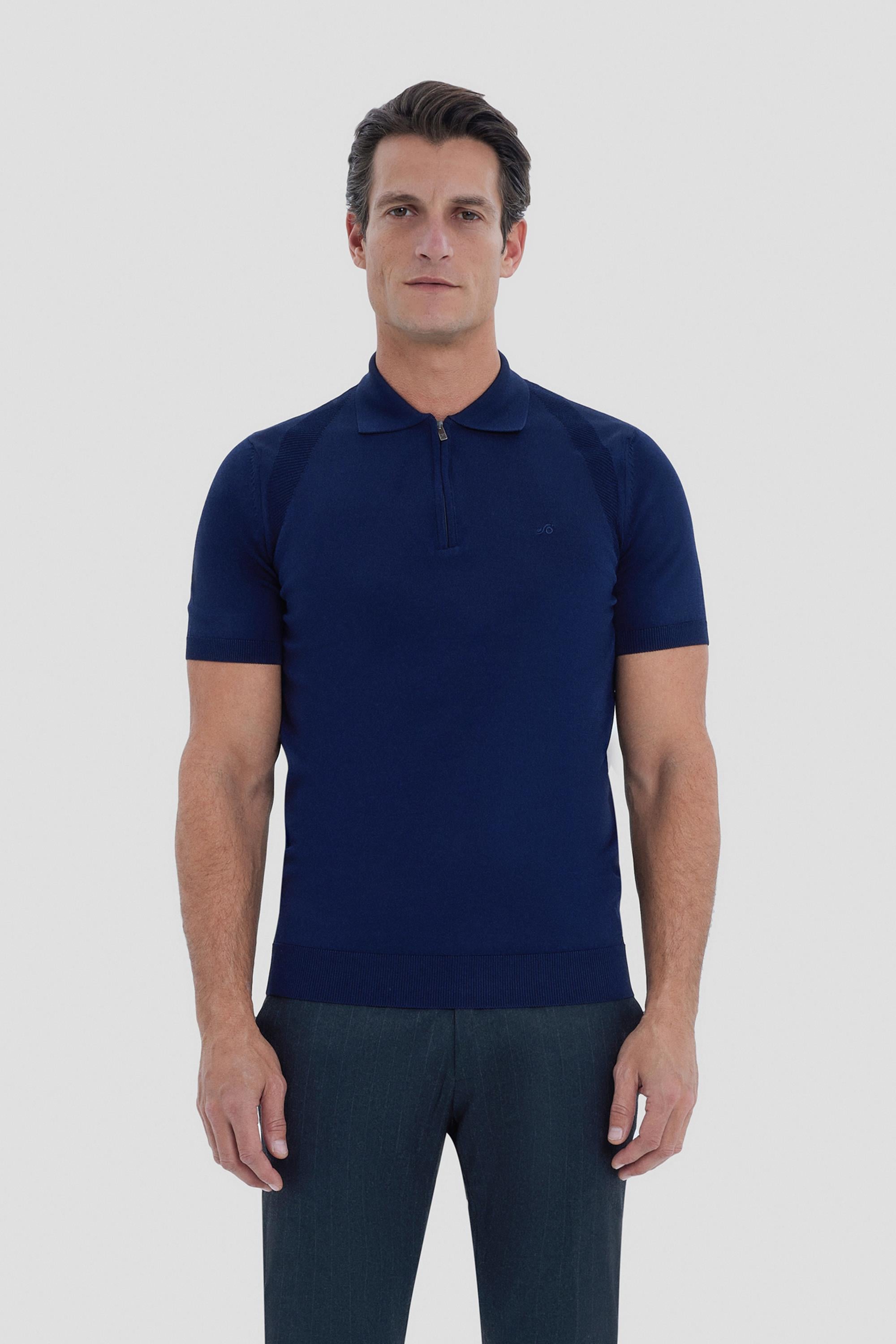 Erkek Lacivert Normal Kesim Regular Fit Viskon Dokulu Triko Polo Yaka Tişört