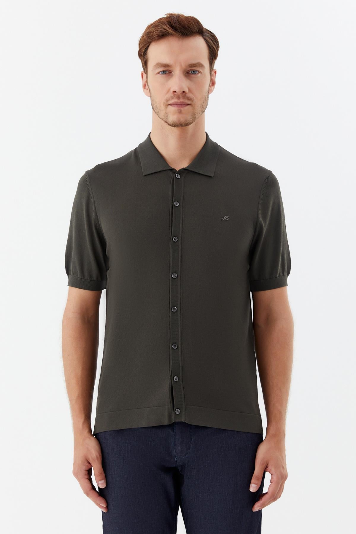 Erkek Haki Normal Kesim Regular Fit Viskon Dokuma Triko Polo Yaka Tişört