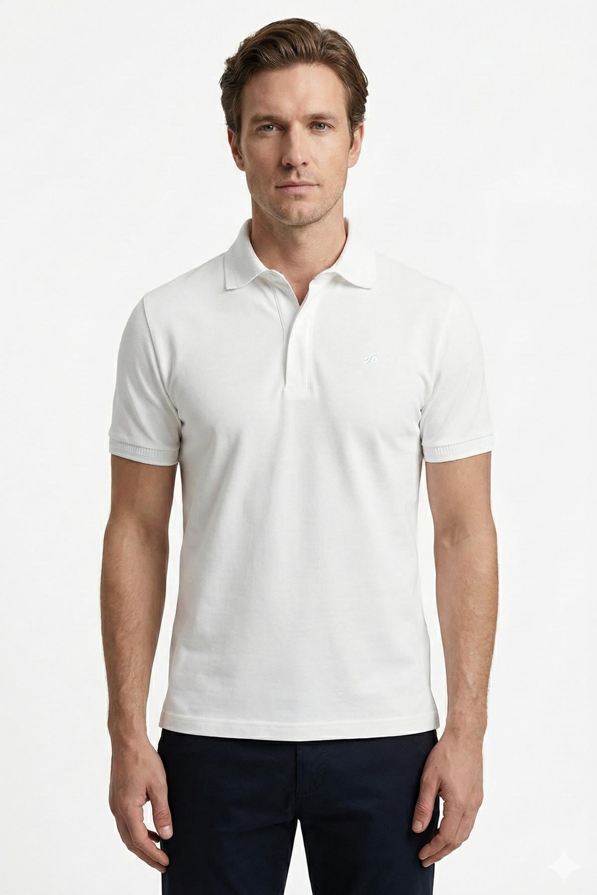 Erkek Ekru Dar Kesim Slim Fit %100 Pamuk Pike Polo Yaka Tişört