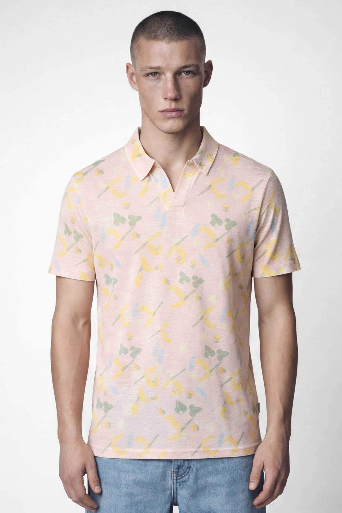 Giotelli Erkek Pudra Dar Kesim Slim Fit Desenli Kısa Kollu Polo Yaka Tişört