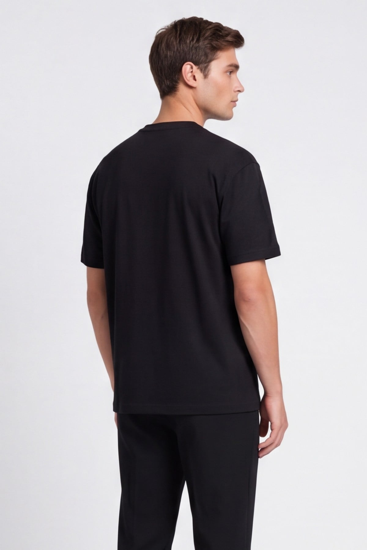 Siyah %100 Pamuk Bisiklet Yaka Düz Renk Basic T-Shirt