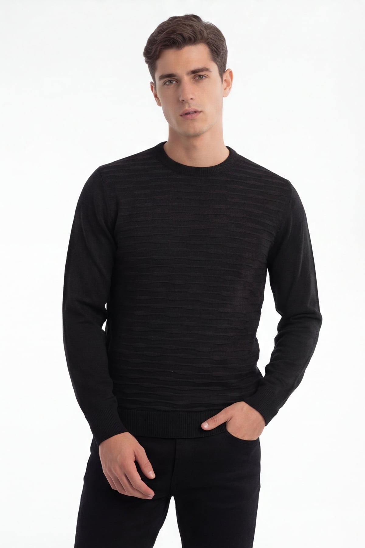 Erkek Siyah Normal Kesim Regular Fit Yünlü Standart Boy Dokuma Triko Kazak