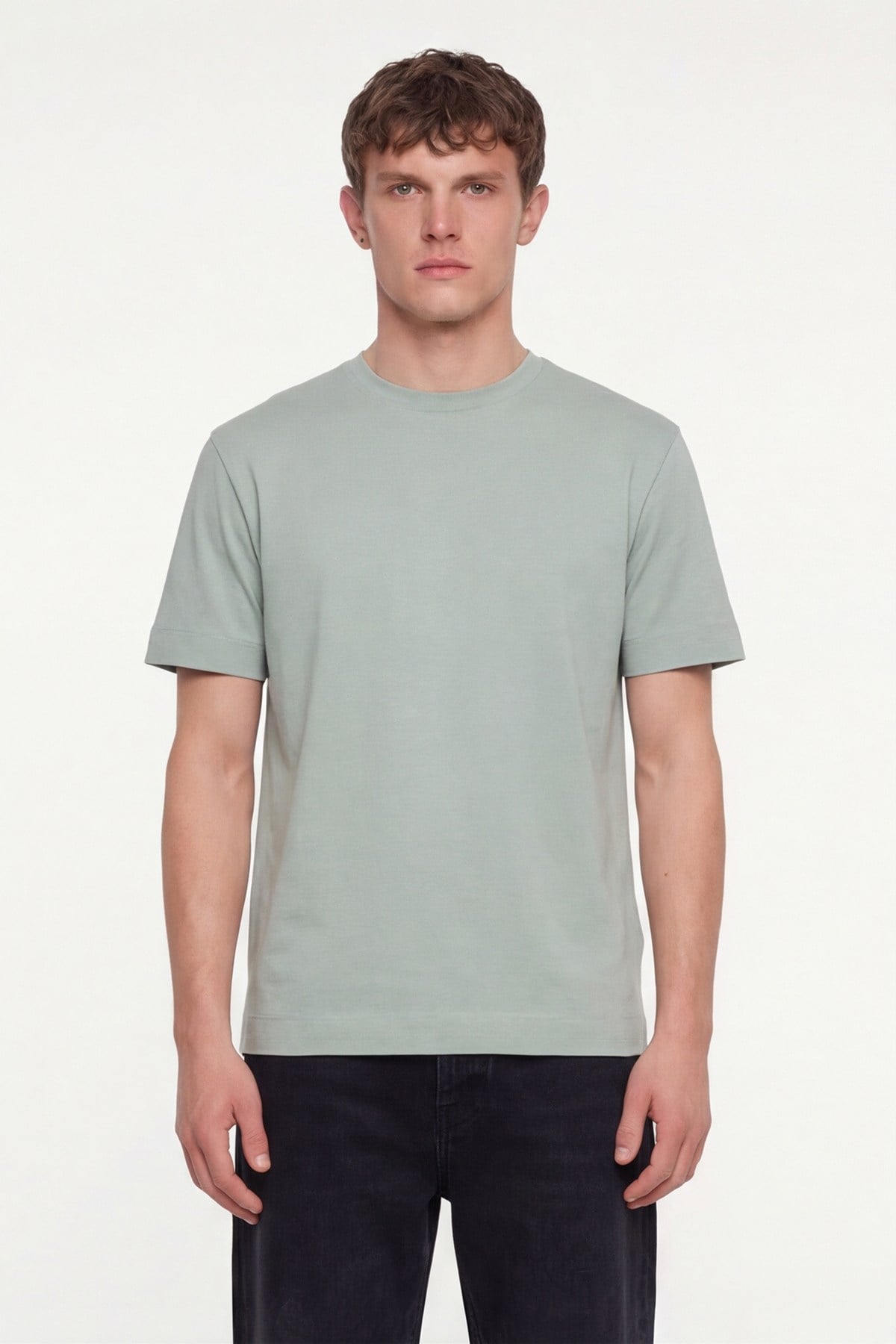 Erkek Açık Yeşil Normal Kesim Regular Fit %100 Pamuk Dokuma Bisiklet Yaka Basic T-Shirt