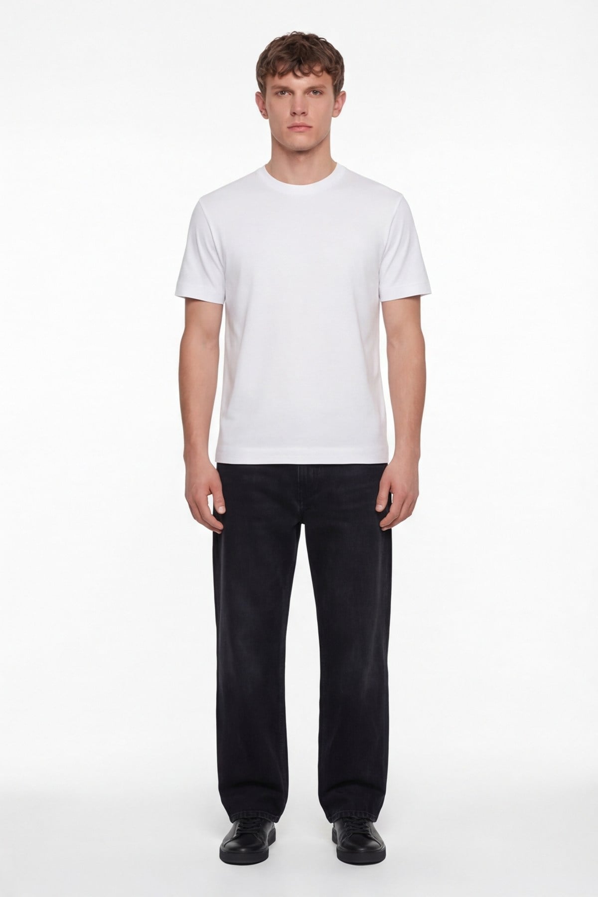 Erkek Beyaz Normal Kesim Regular Fit %100 Pamuk Dokuma Bisiklet Yaka Basic T-Shirt