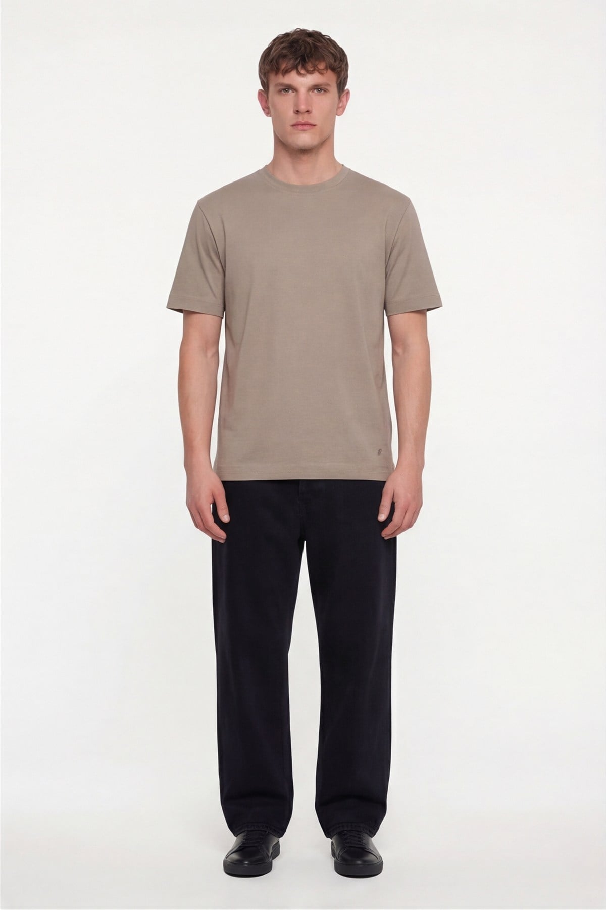 Erkek Camel Normal Kesim Regular Fit %100 Pamuk Dokuma Bisiklet Yaka Basic T-Shirt