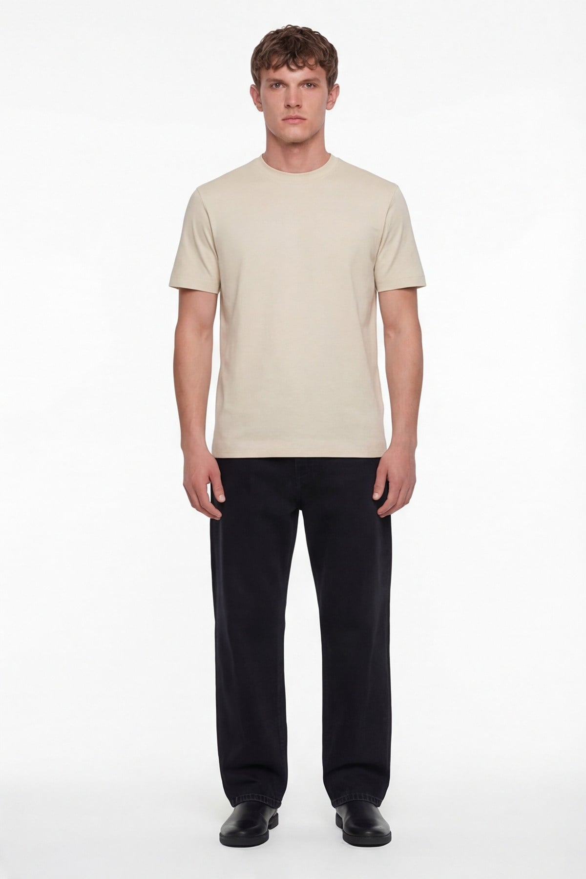 Erkek Koyu Krem Normal Kesim Regular Fit %100 Pamuk Dokuma Bisiklet Yaka Basic T-Shirt