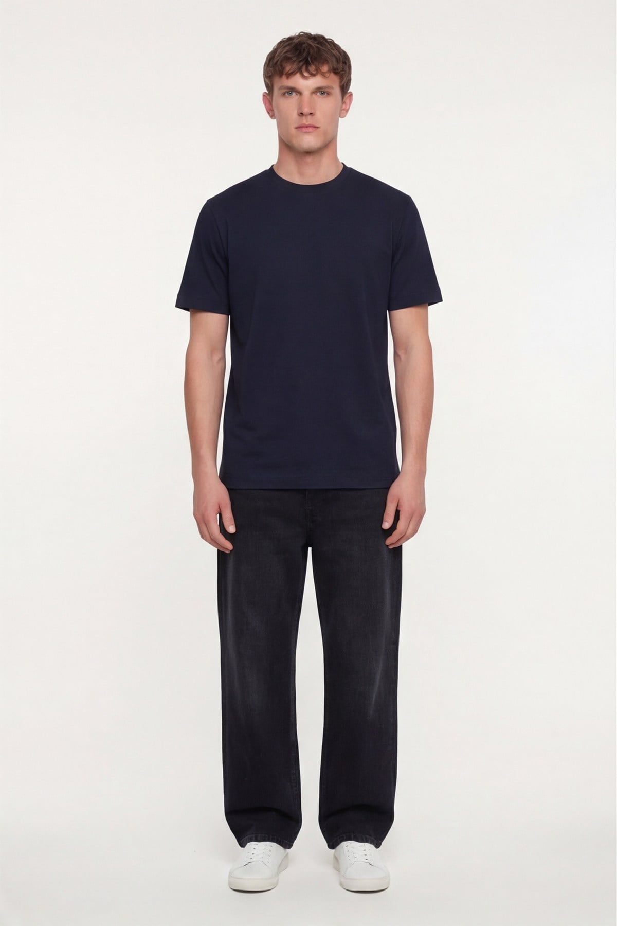 Erkek Lacivert Normal Kesim Regular Fit %100 Pamuk Dokuma Bisiklet Yaka Basic T-Shirt