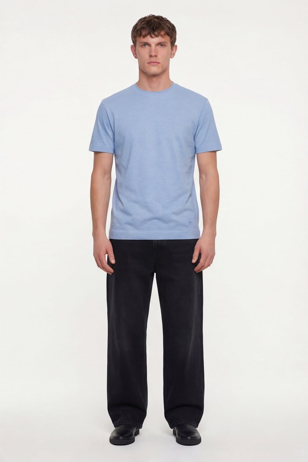 Erkek Mavi Normal Kesim Regular Fit %100 Pamuk Dokuma Bisiklet Yaka Basic T-Shirt