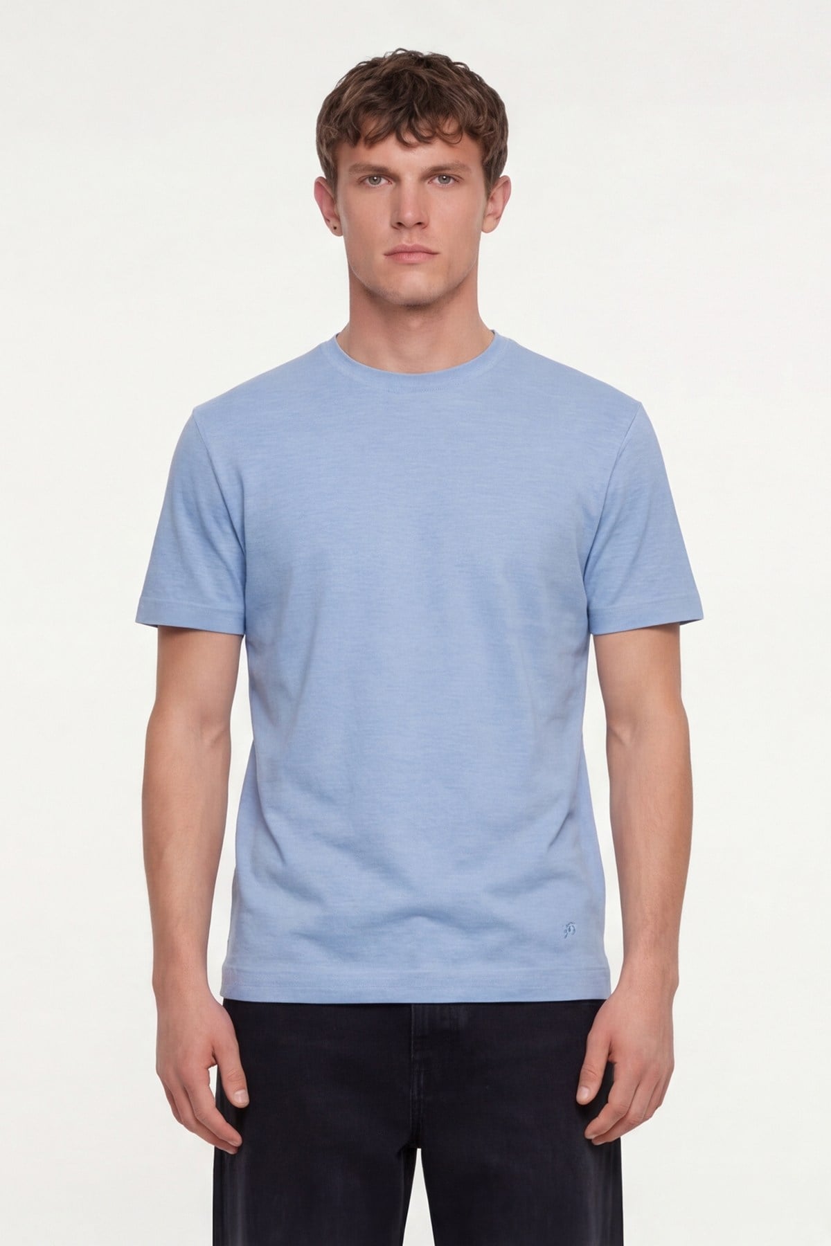 Erkek Mavi Normal Kesim Regular Fit %100 Pamuk Dokuma Bisiklet Yaka Basic T-Shirt
