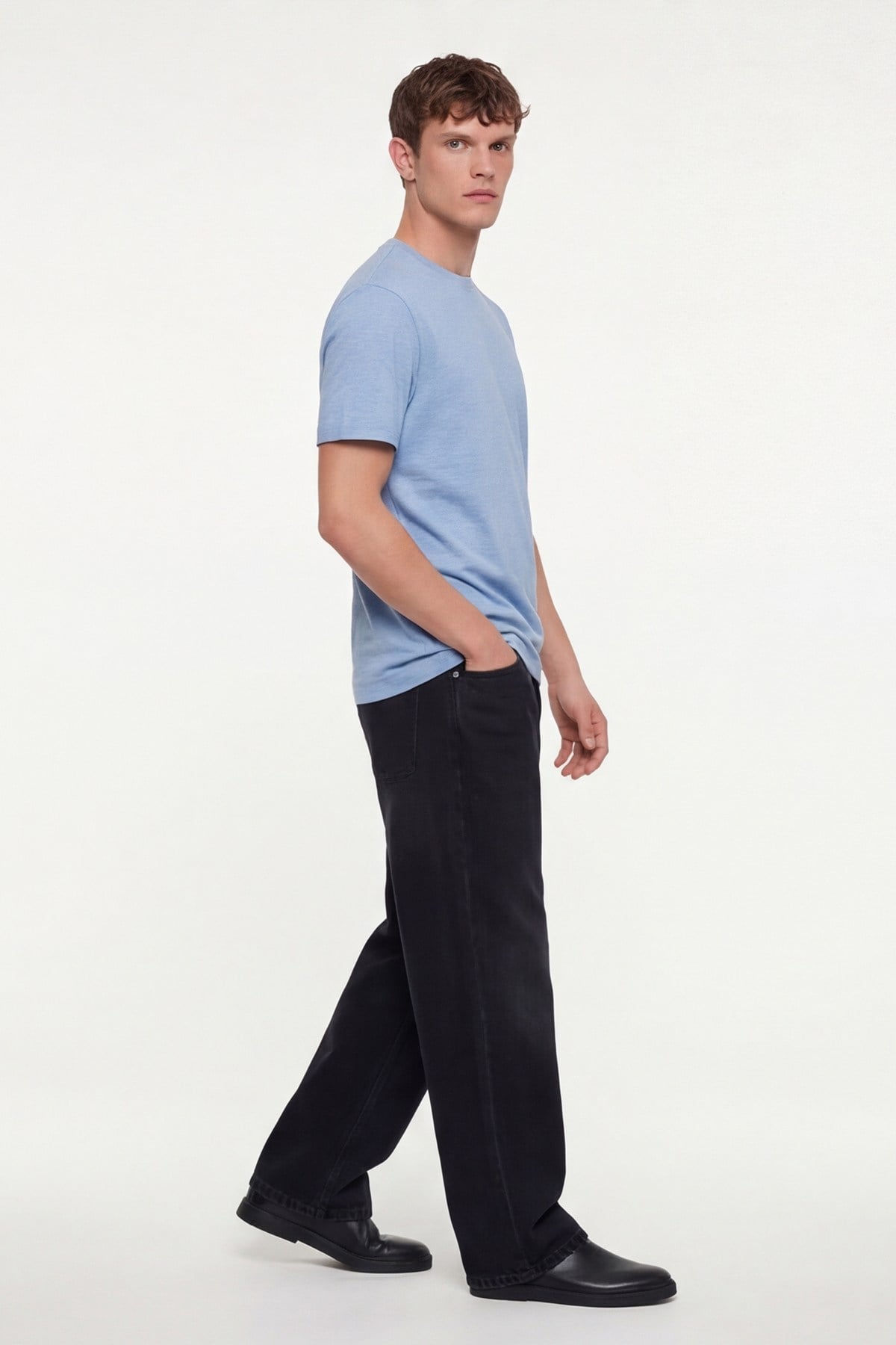 Erkek Mavi Normal Kesim Regular Fit %100 Pamuk Dokuma Bisiklet Yaka Basic T-Shirt