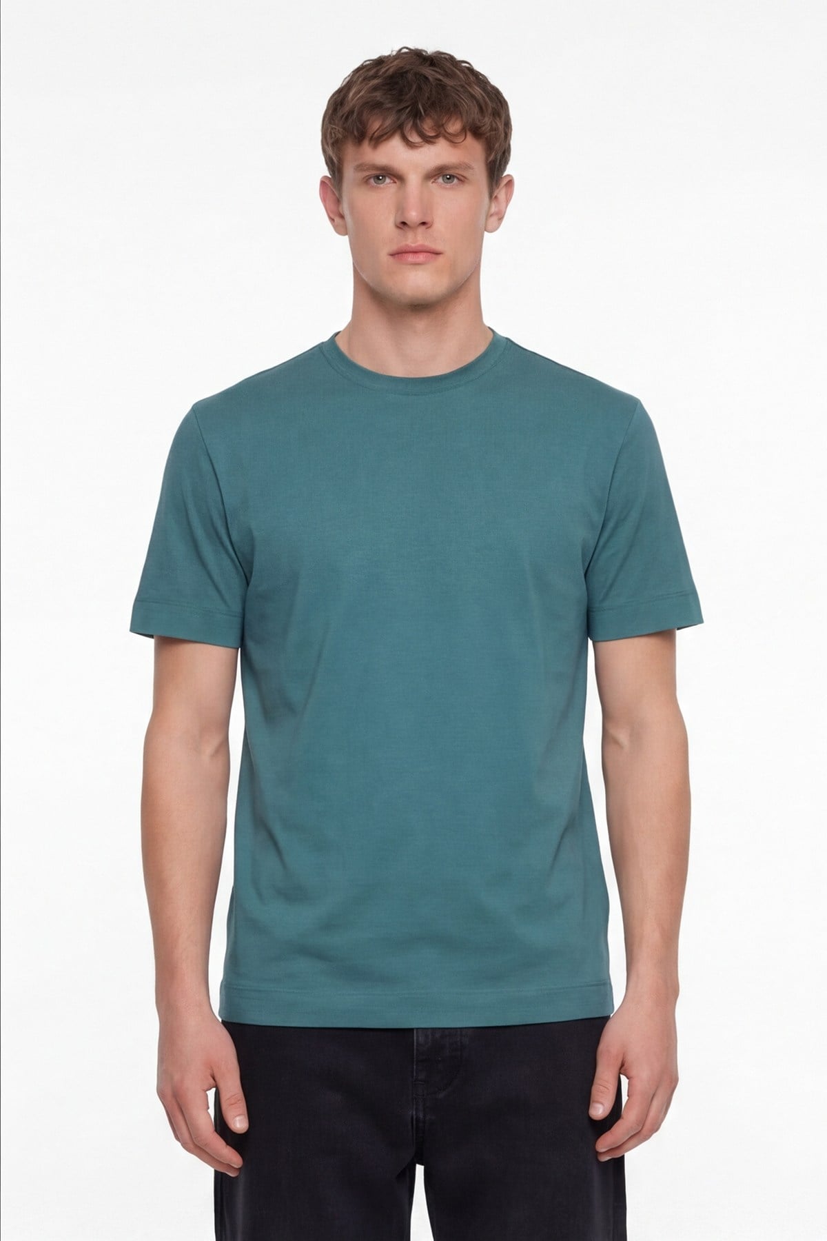 Erkek Petrol Normal Kesim Regular Fit %100 Pamuk Dokuma Bisiklet Yaka Basic T-Shirt