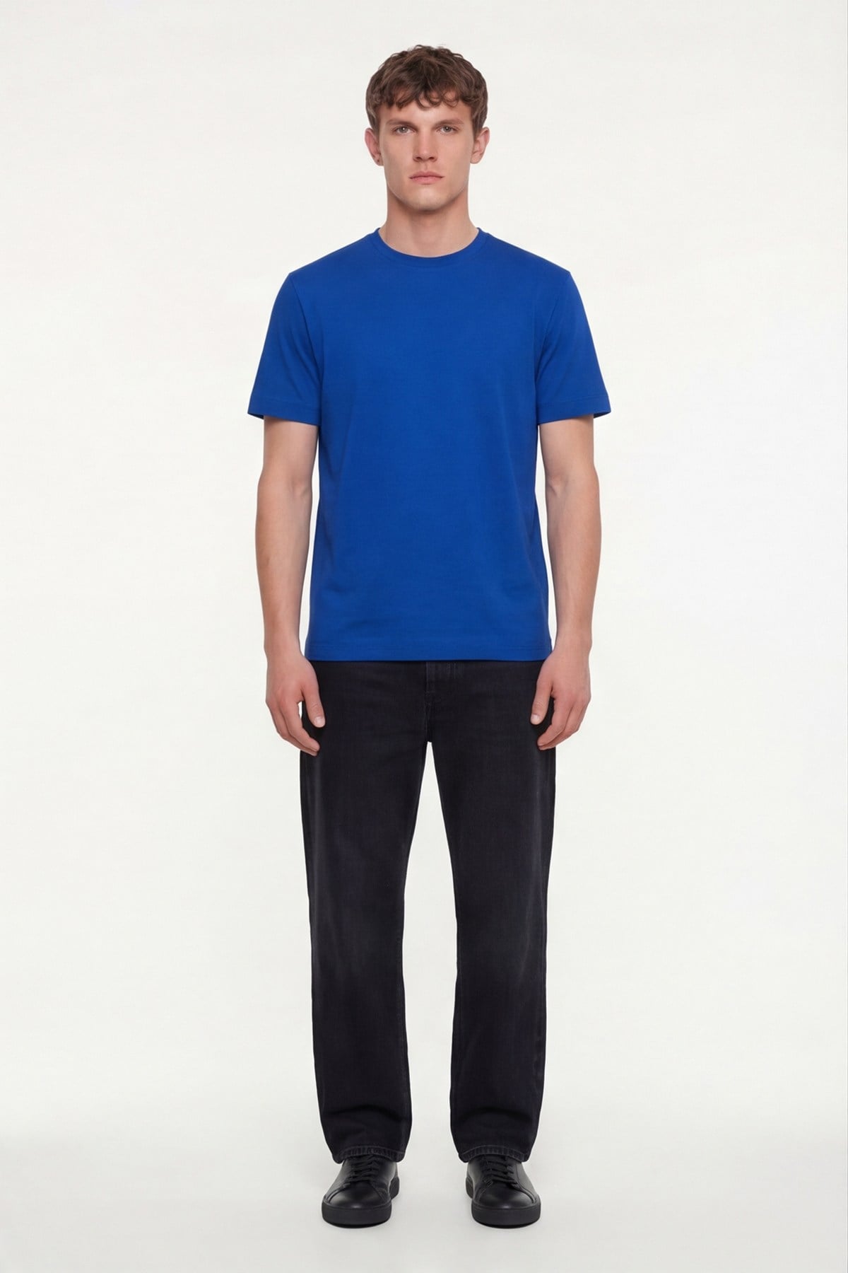 Erkek Saks Mavi Normal Kesim Regular Fit %100 Pamuk Dokuma Bisiklet Yaka Basic T-Shirt