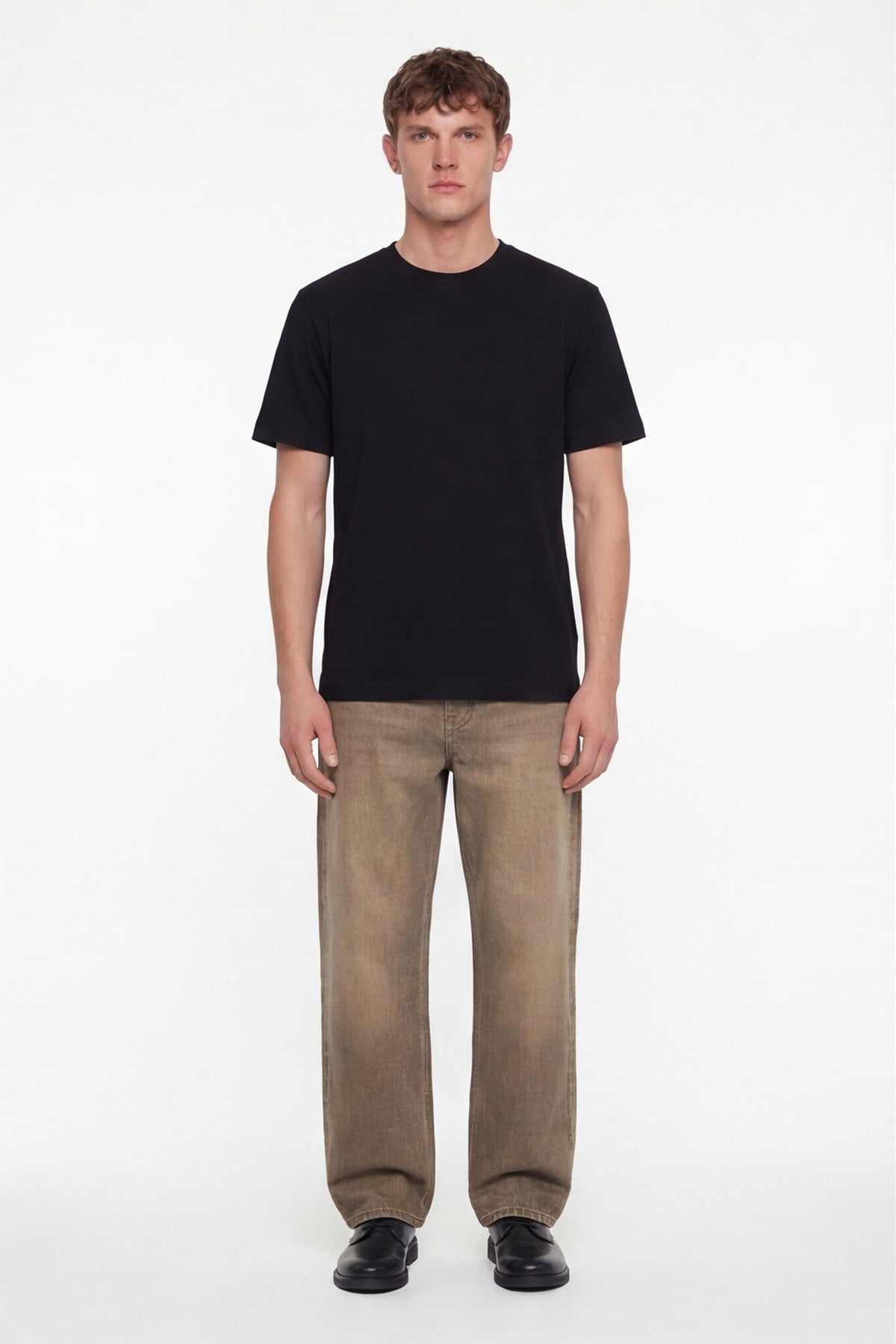 Erkek Siyah Normal Kesim Regular Fit %100 Pamuk Dokuma Bisiklet Yaka Basic T-Shirt
