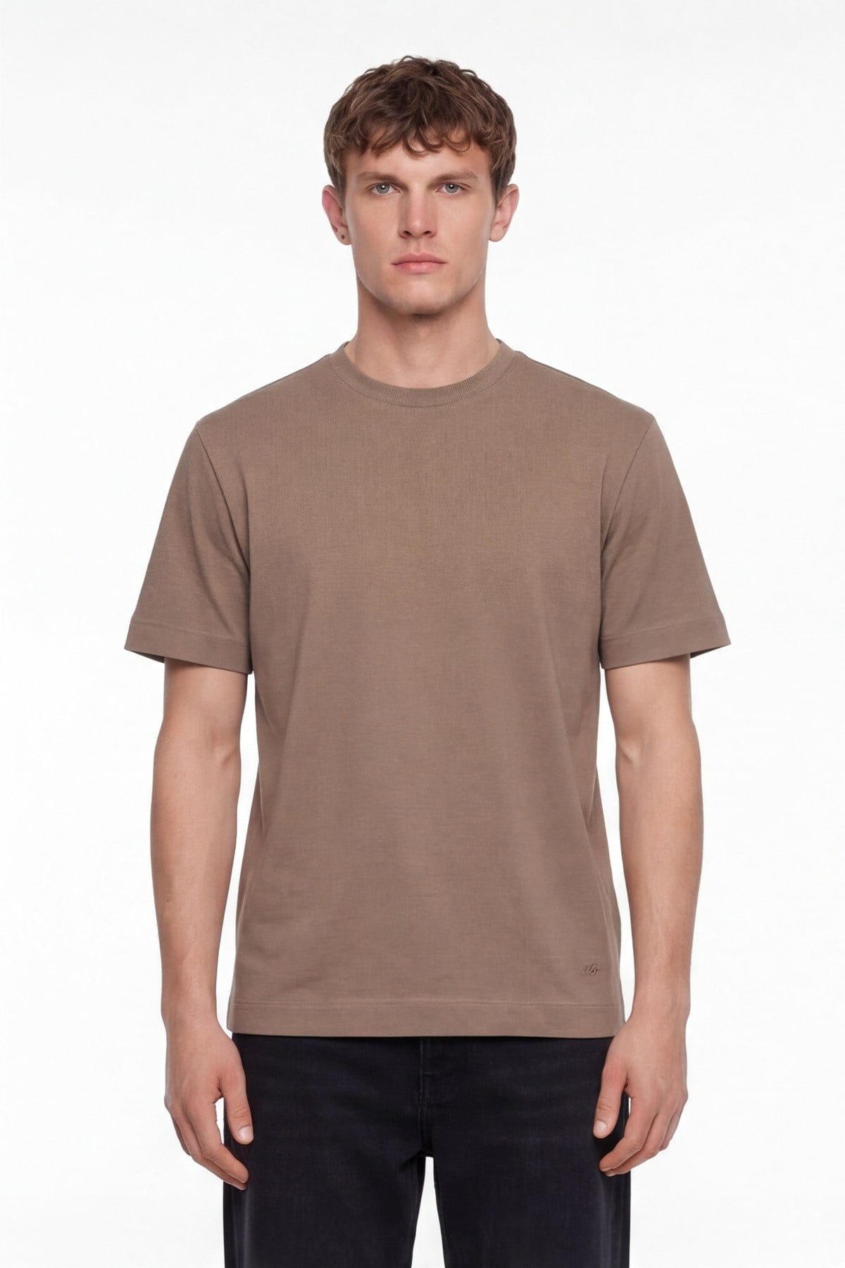 Erkek Taba Normal Kesim Regular Fit %100 Pamuk Dokuma Bisiklet Yaka Basic T-Shirt