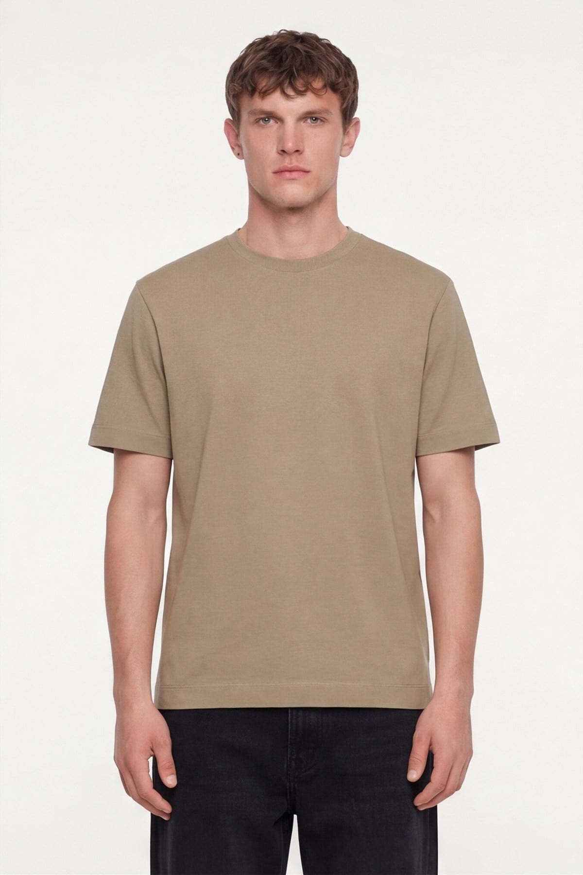 Erkek Vizon Normal Kesim Regular Fit %100 Pamuk Dokuma Bisiklet Yaka Basic T-Shirt