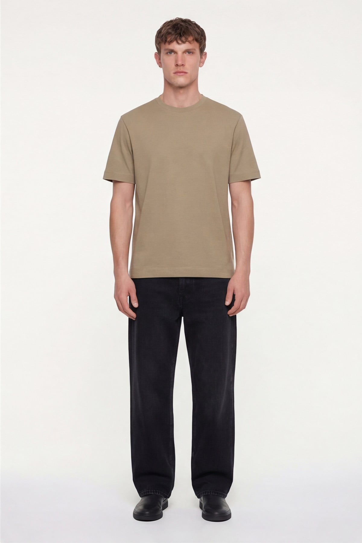 Erkek Vizon Normal Kesim Regular Fit %100 Pamuk Dokuma Bisiklet Yaka Basic T-Shirt