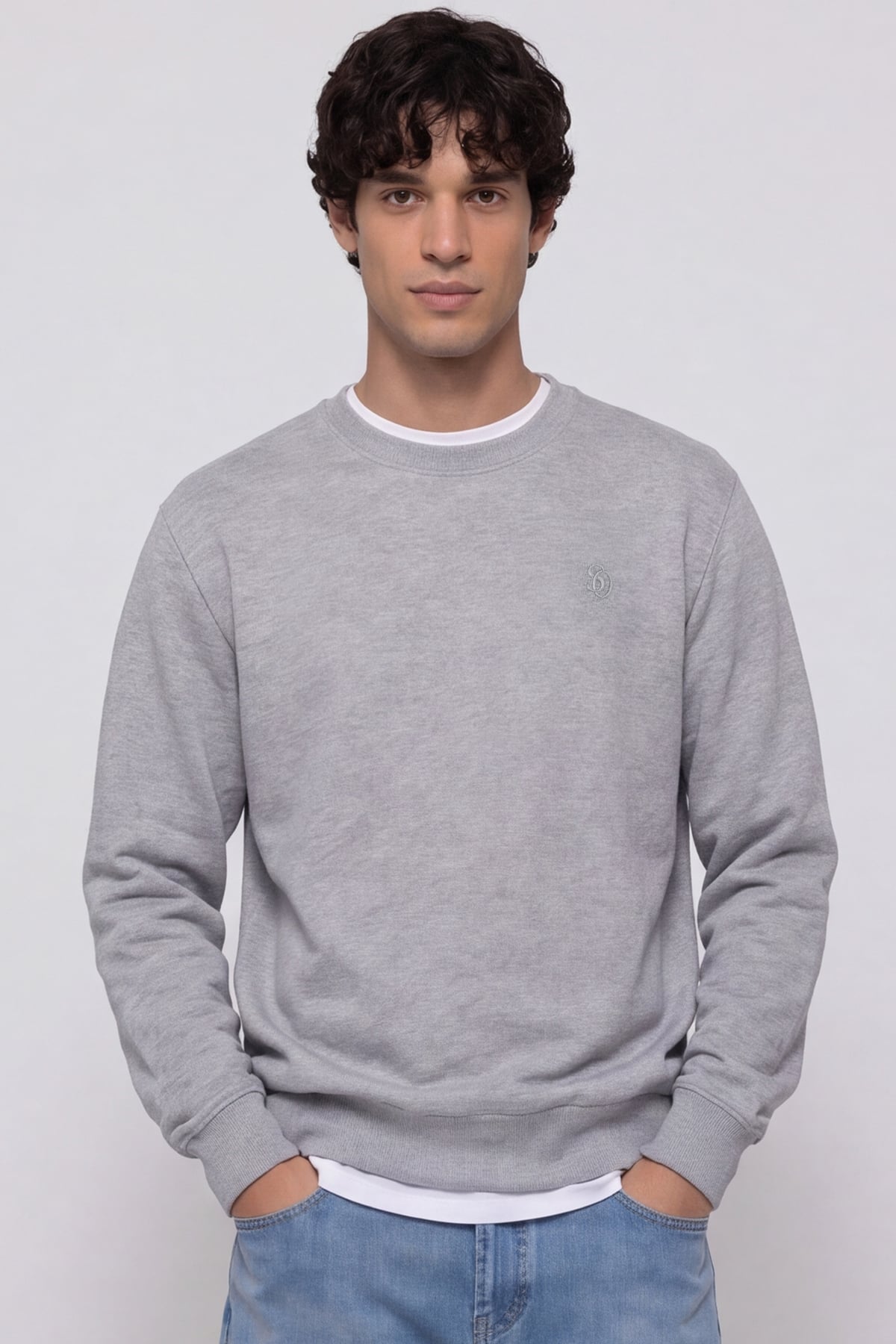 Unisex Gri Normal Kesim Regular Fit %100 Pamuk Bisiklet Yaka Sweatshirt