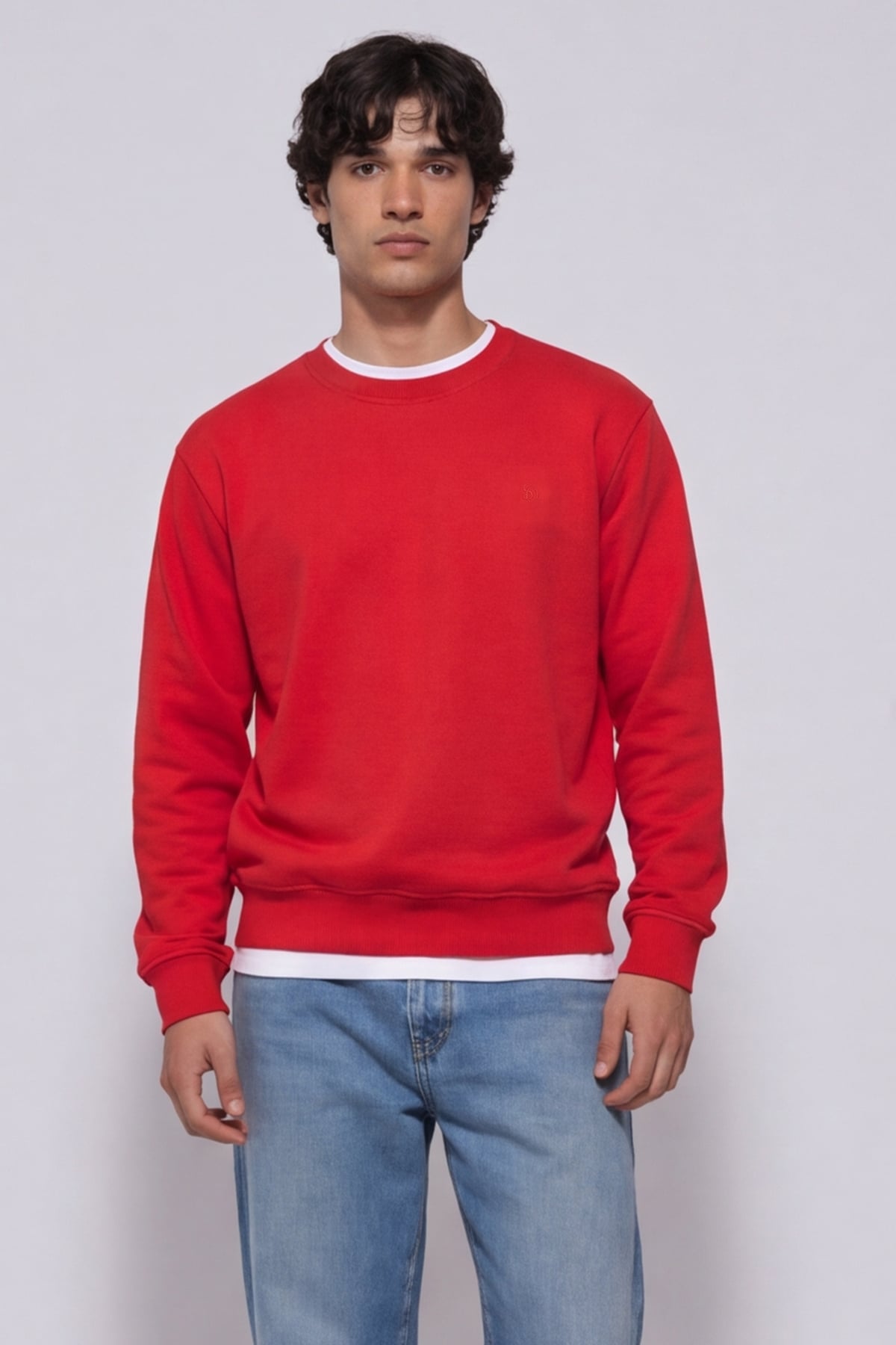 Unisex Kırmızı Normal Kesim Regular Fit %100 Pamuk Bisiklet Yaka Sweatshirt