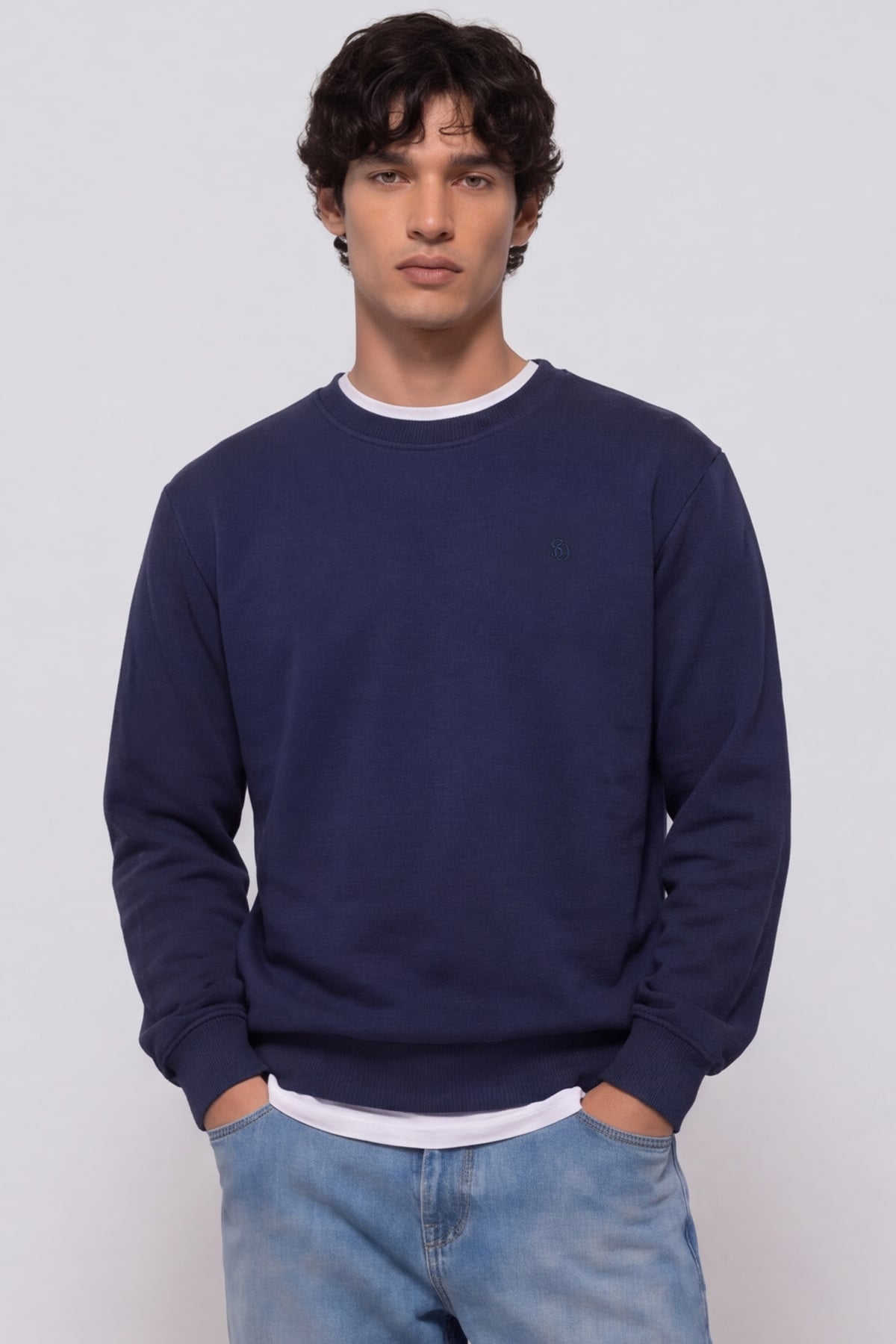 Unisex Lacivert Normal Kesim Regular Fit %100 Pamuk Bisiklet Yaka Sweatshirt