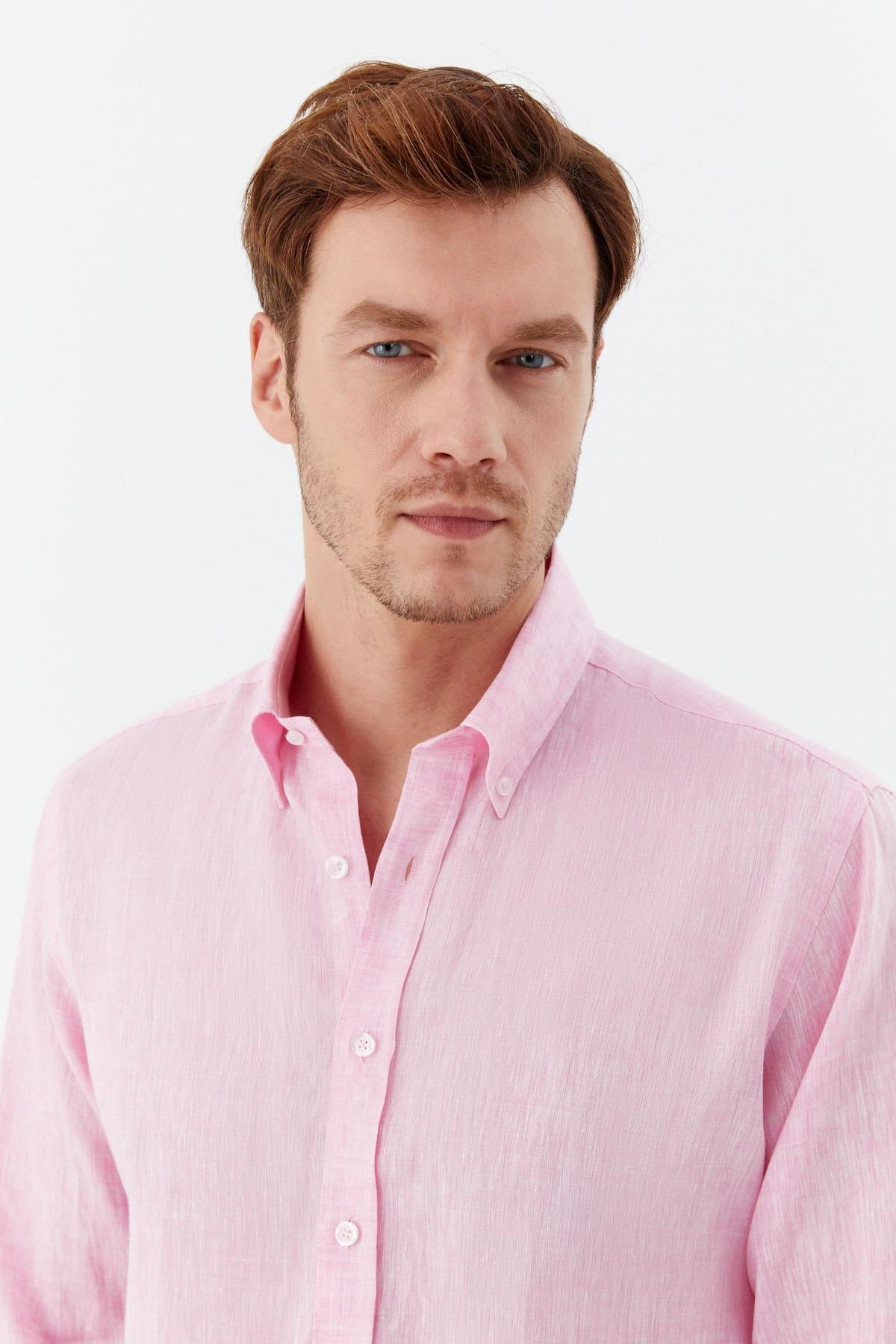 Erkek Pembe Normal Kesim Regular Fit %100 Keten Uzun Kollu Düğmeli Yaka Gömlek