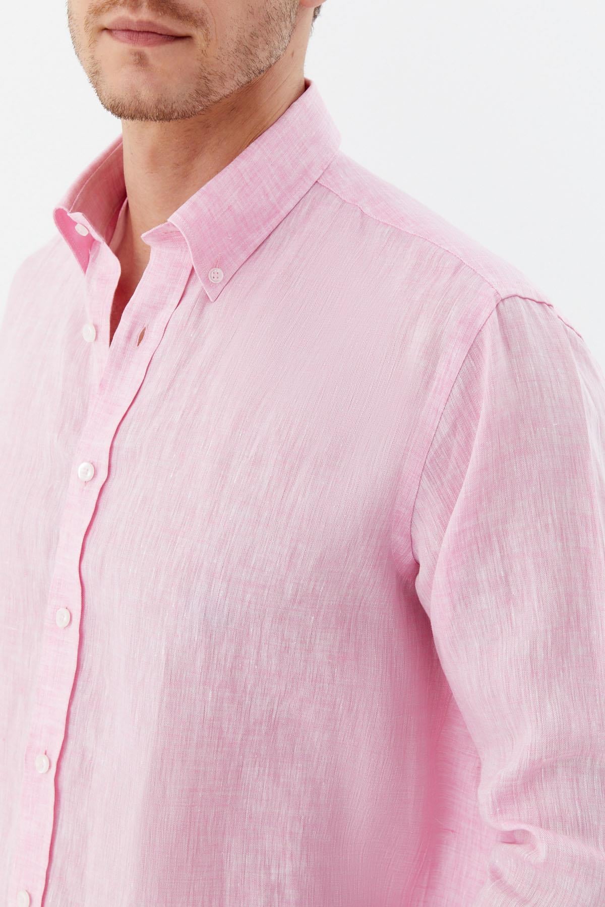 Erkek Pembe Normal Kesim Regular Fit %100 Keten Uzun Kollu Düğmeli Yaka Gömlek