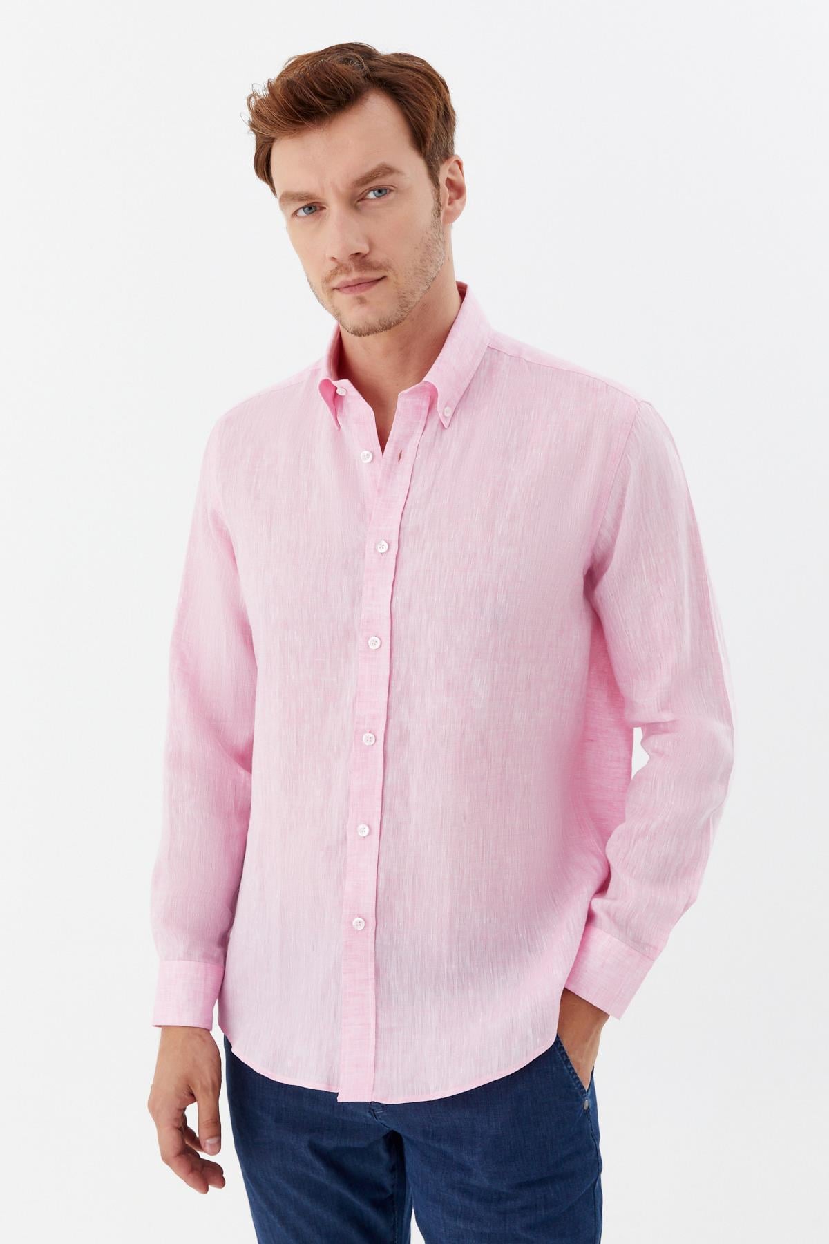 Erkek Pembe Normal Kesim Regular Fit %100 Keten Uzun Kollu Düğmeli Yaka Gömlek