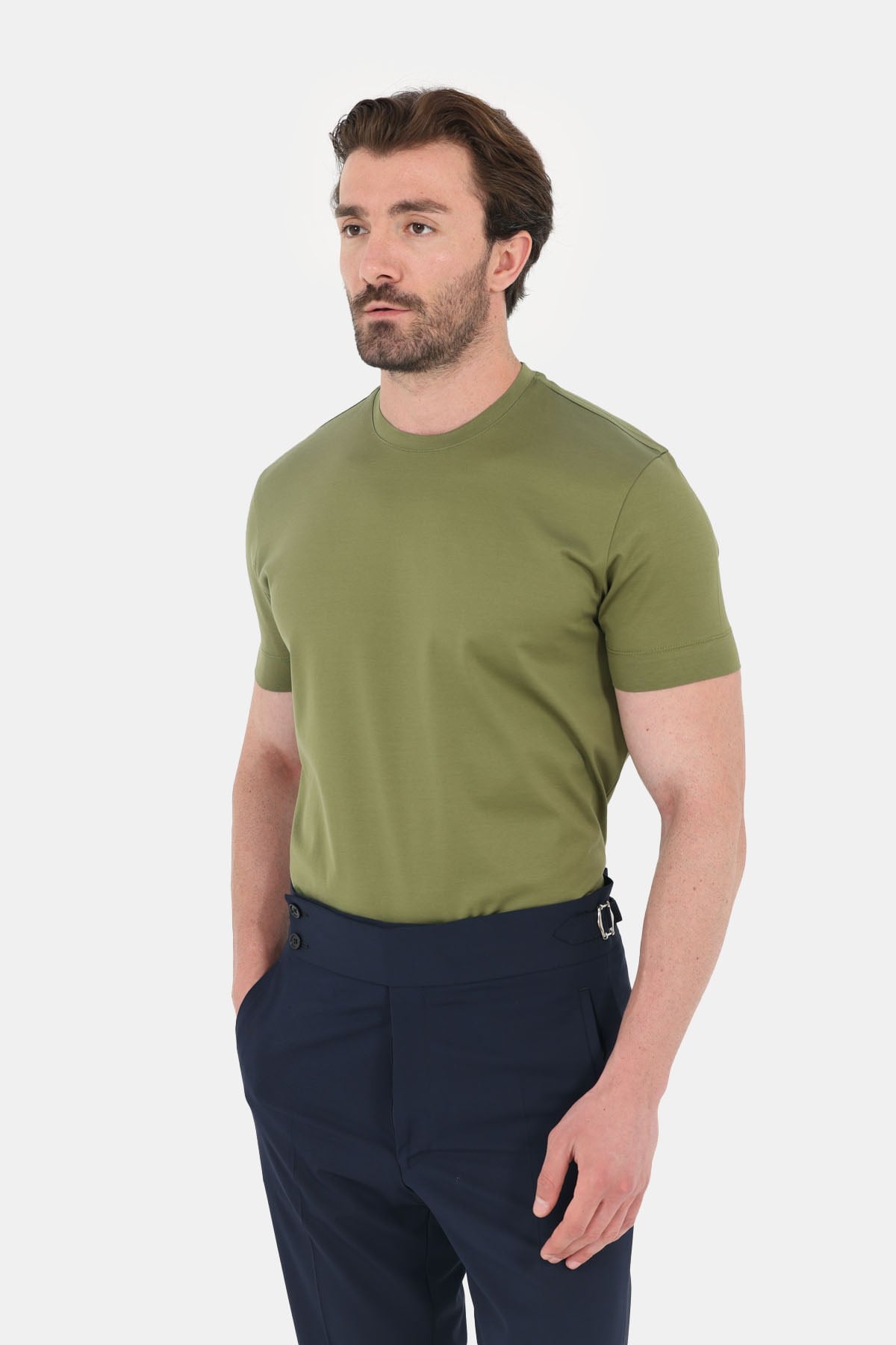 Zeytin Yeşili %100 Pamuk Regular Fit Bisiklet Yaka Basic T-Shirt