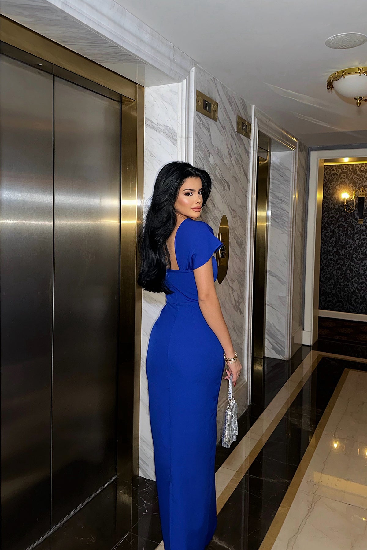 Saks Taş Detay Uzun Elbise ATE-0840