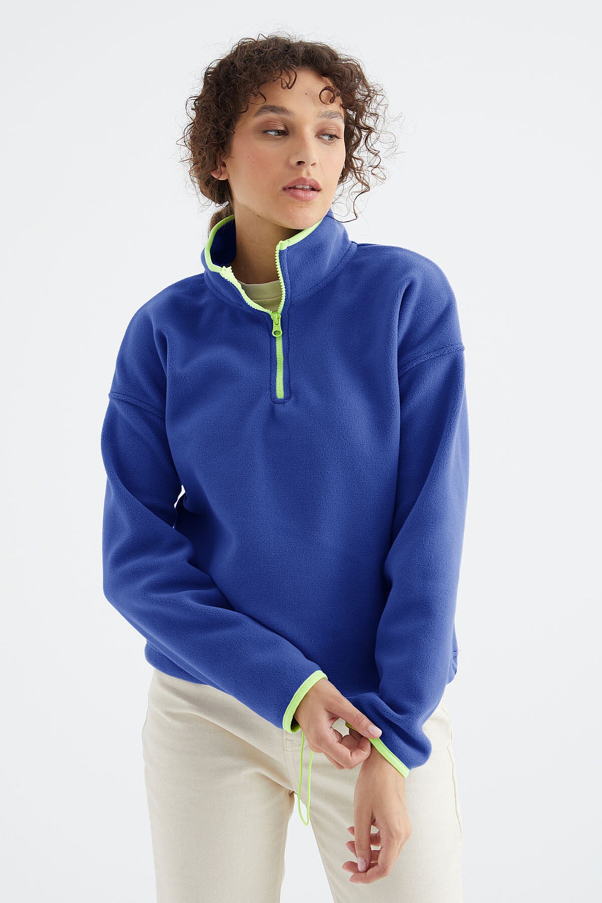 Saks Yarım Fermuar Etek Ucu Büzgülü Dik Yaka Standart Kalıp Kadın Polar Sweatshirt - 97234