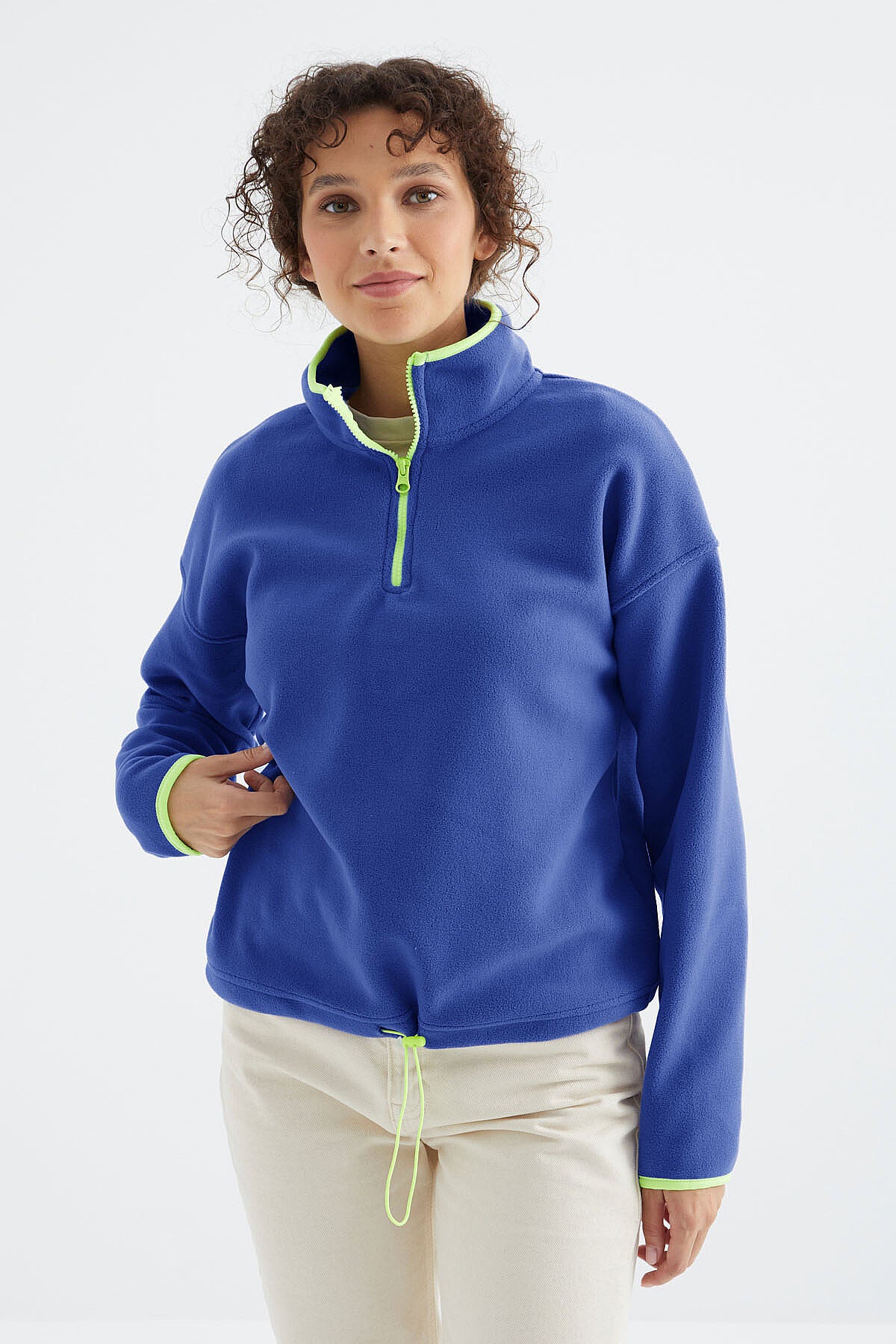 Saks Yarım Fermuar Etek Ucu Büzgülü Dik Yaka Standart Kalıp Kadın Polar Sweatshirt - 97234