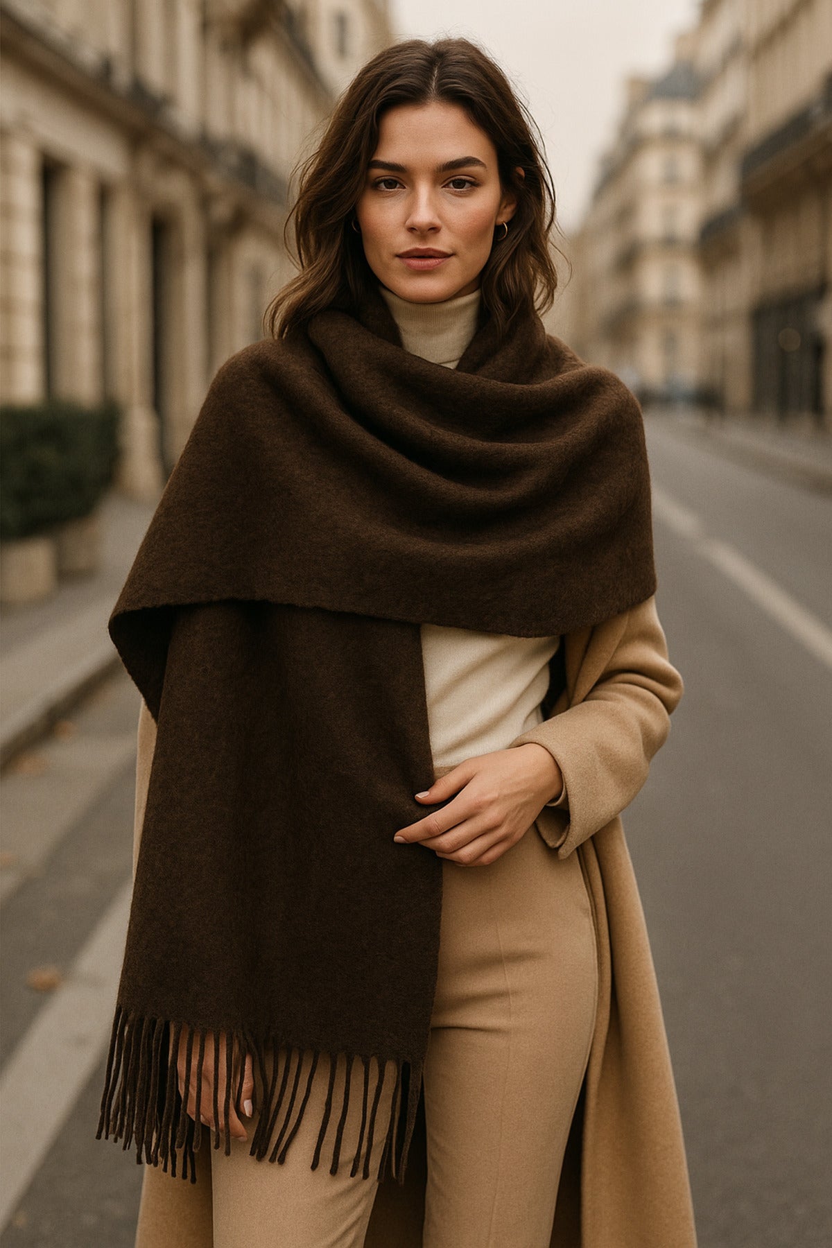 Kadın Basic Kahve Püsküllü Buklet Atkı - Şal 45x200 Cm Sal1285