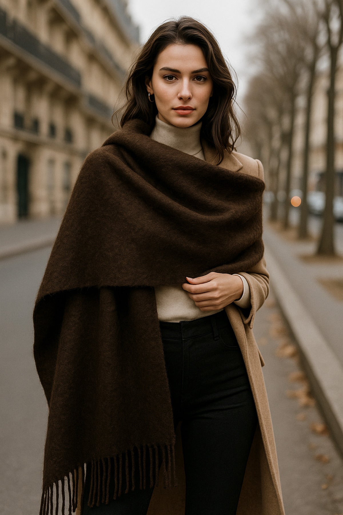 Kadın Basic Kahve Püsküllü Buklet Atkı - Şal 45x200 Cm Sal1285