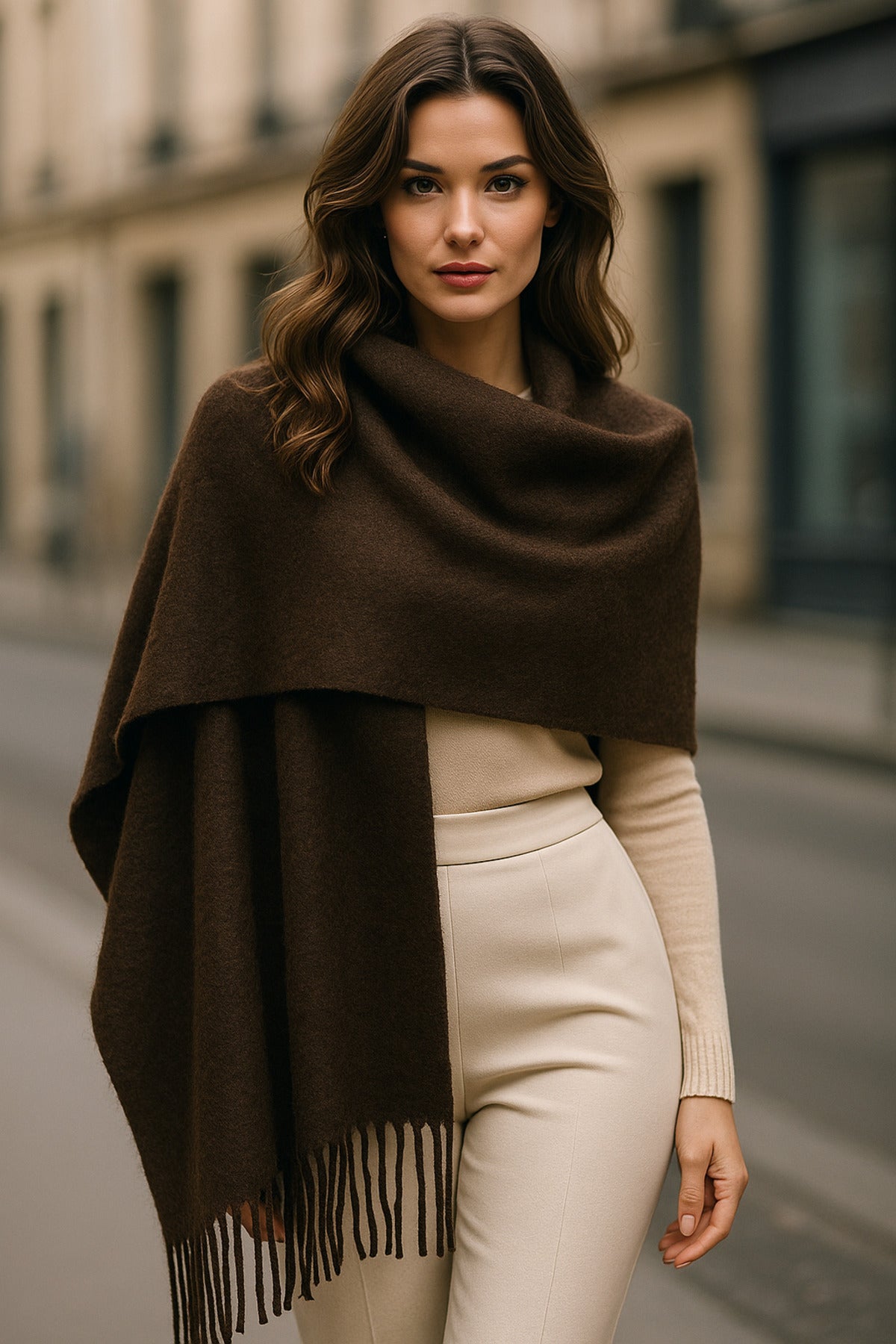 Kadın Basic Kahve Püsküllü Buklet Atkı - Şal 45x200 Cm Sal1285
