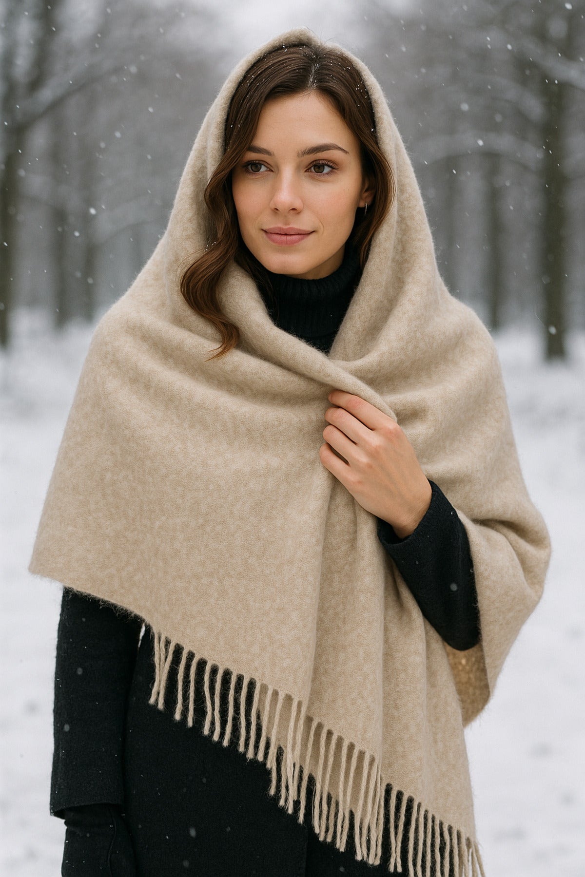 Kadın Basic Vizon Püsküllü Buklet Atkı - Şal 45x200 Cm Sal1285