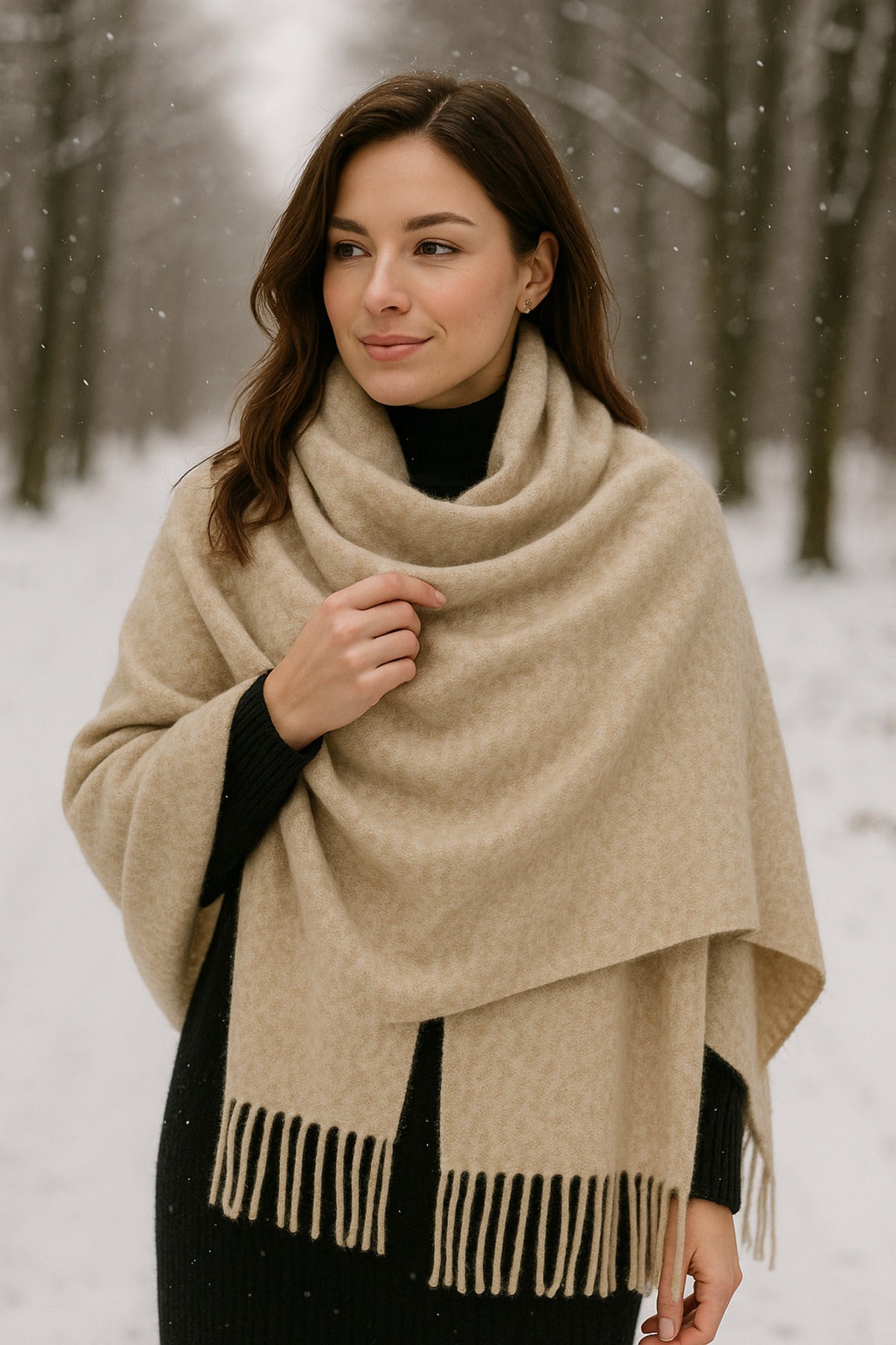 Kadın Basic Vizon Püsküllü Buklet Atkı - Şal 45x200 Cm Sal1285