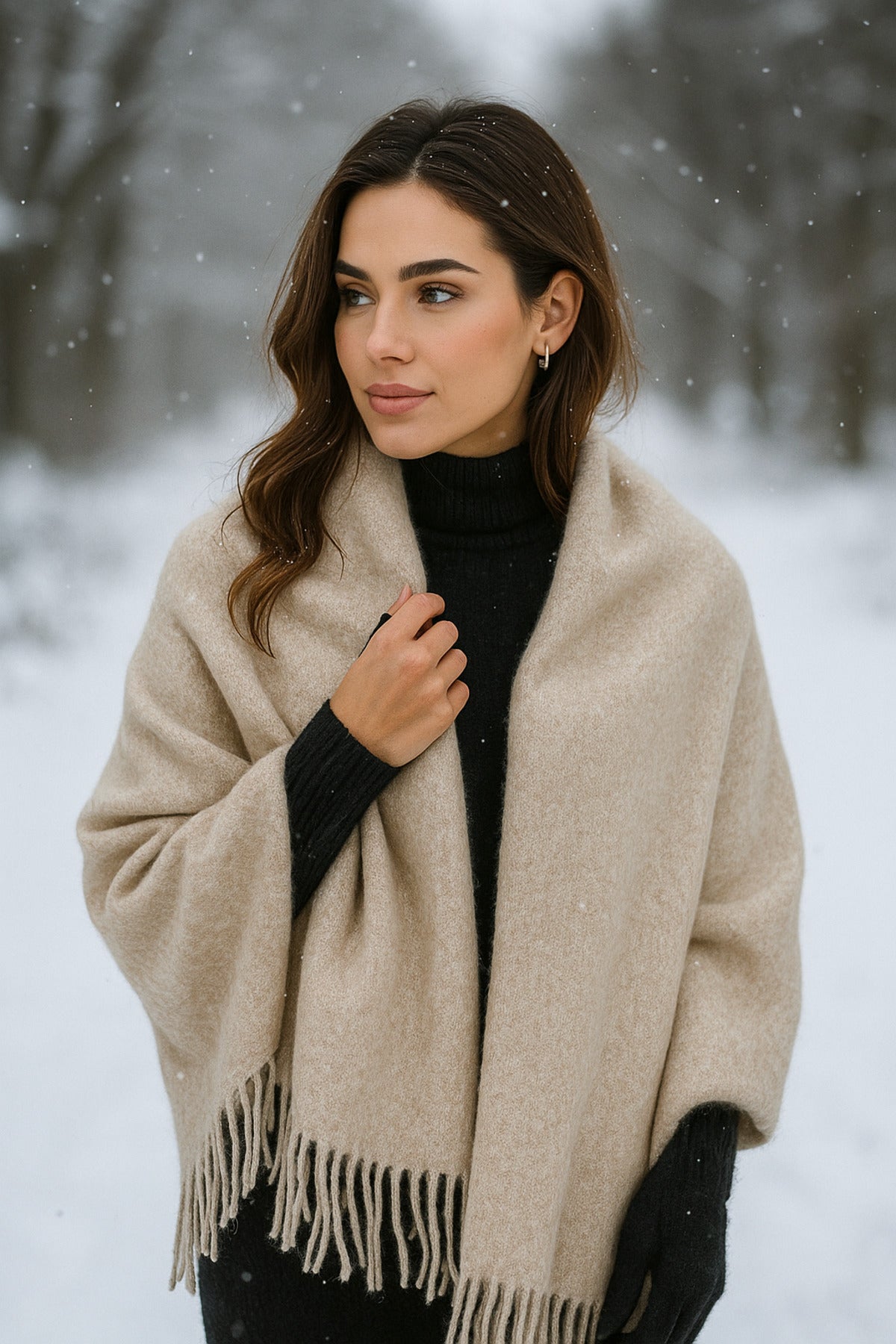 Kadın Basic Vizon Püsküllü Buklet Atkı - Şal 45x200 Cm Sal1285