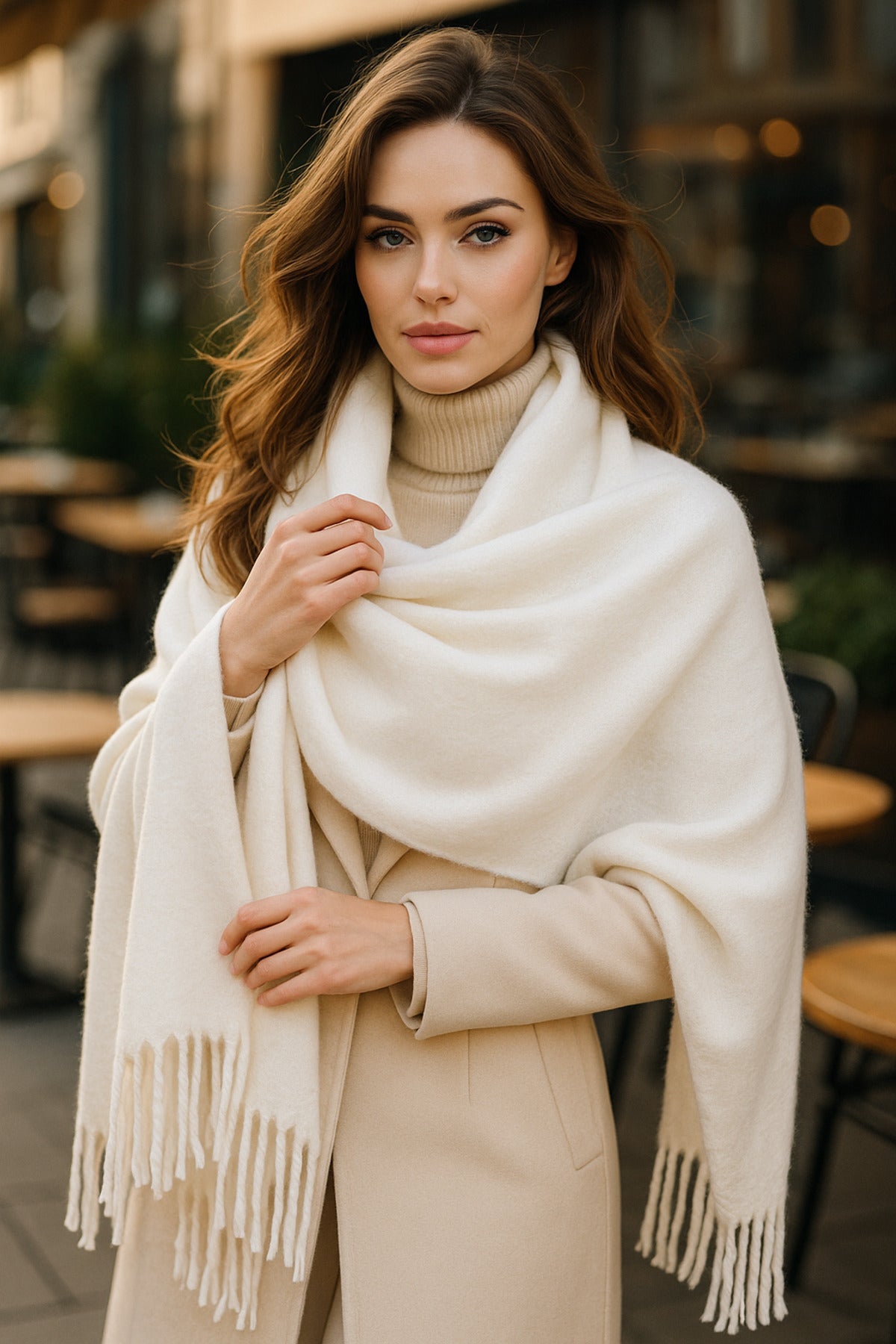 Beyaz Püsküllü Atkı – Şal Ve Geniş Yapı, Soğuk Hava Için Ideal Sal1296