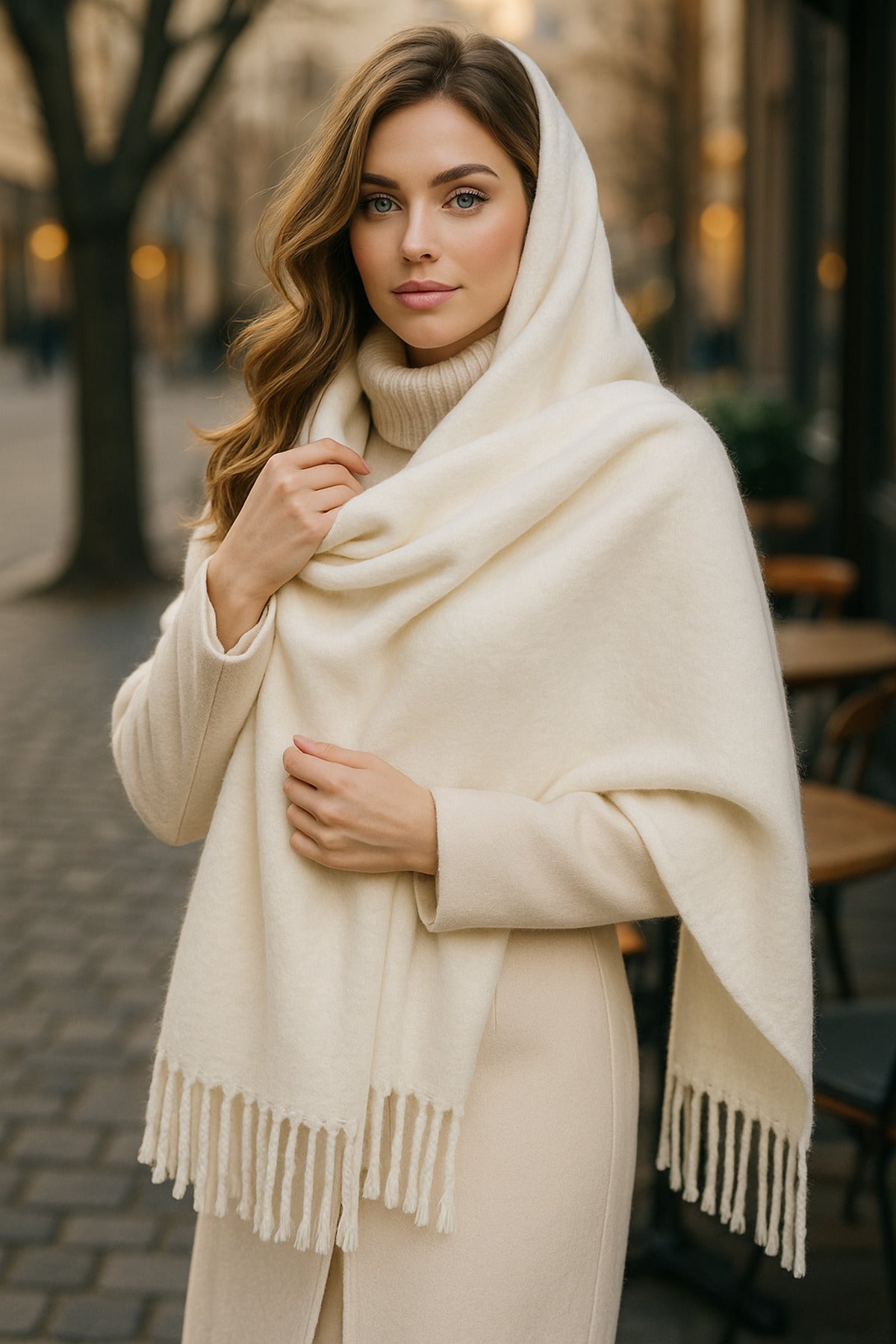 Beyaz Püsküllü Atkı – Şal Ve Geniş Yapı, Soğuk Hava Için Ideal Sal1296