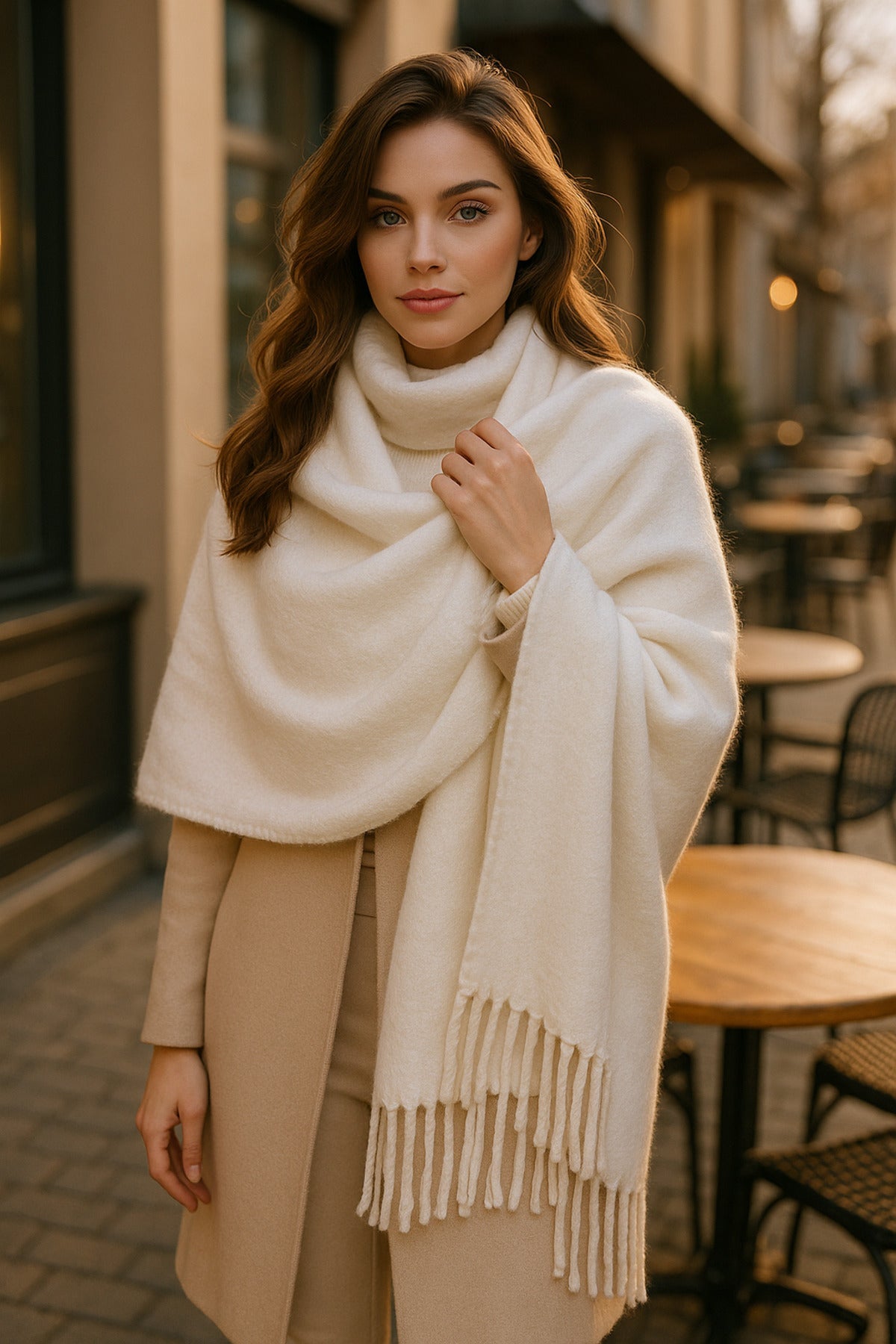 Beyaz Püsküllü Atkı – Şal Ve Geniş Yapı, Soğuk Hava Için Ideal Sal1296