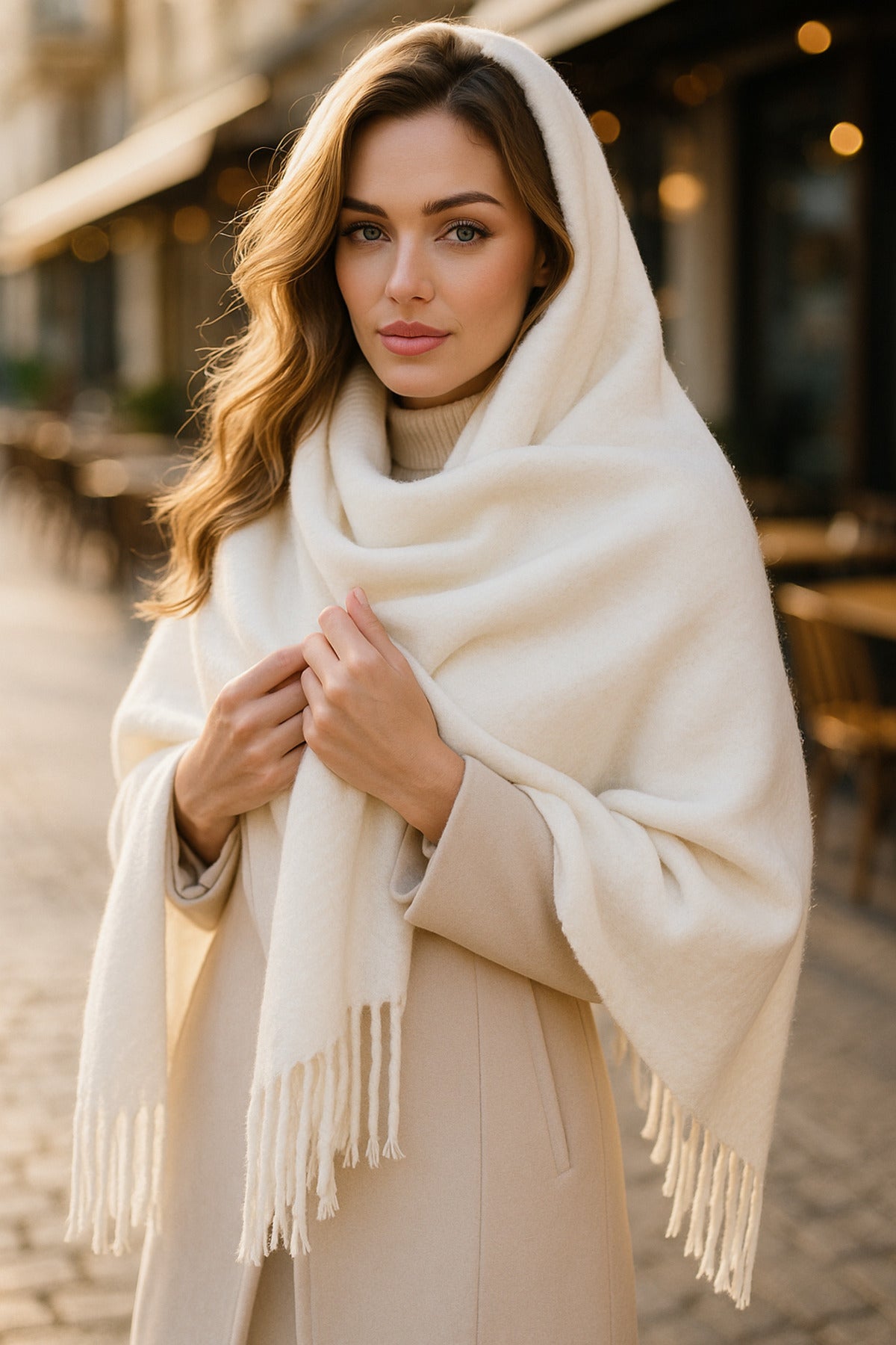 Beyaz Püsküllü Atkı – Şal Ve Geniş Yapı, Soğuk Hava Için Ideal Sal1296
