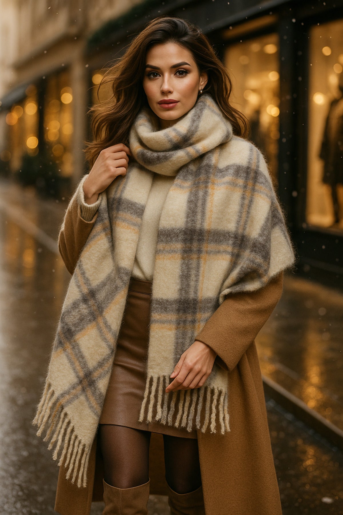 Kadın Bej Ekose Desenli Atkı-Şal SAL1297