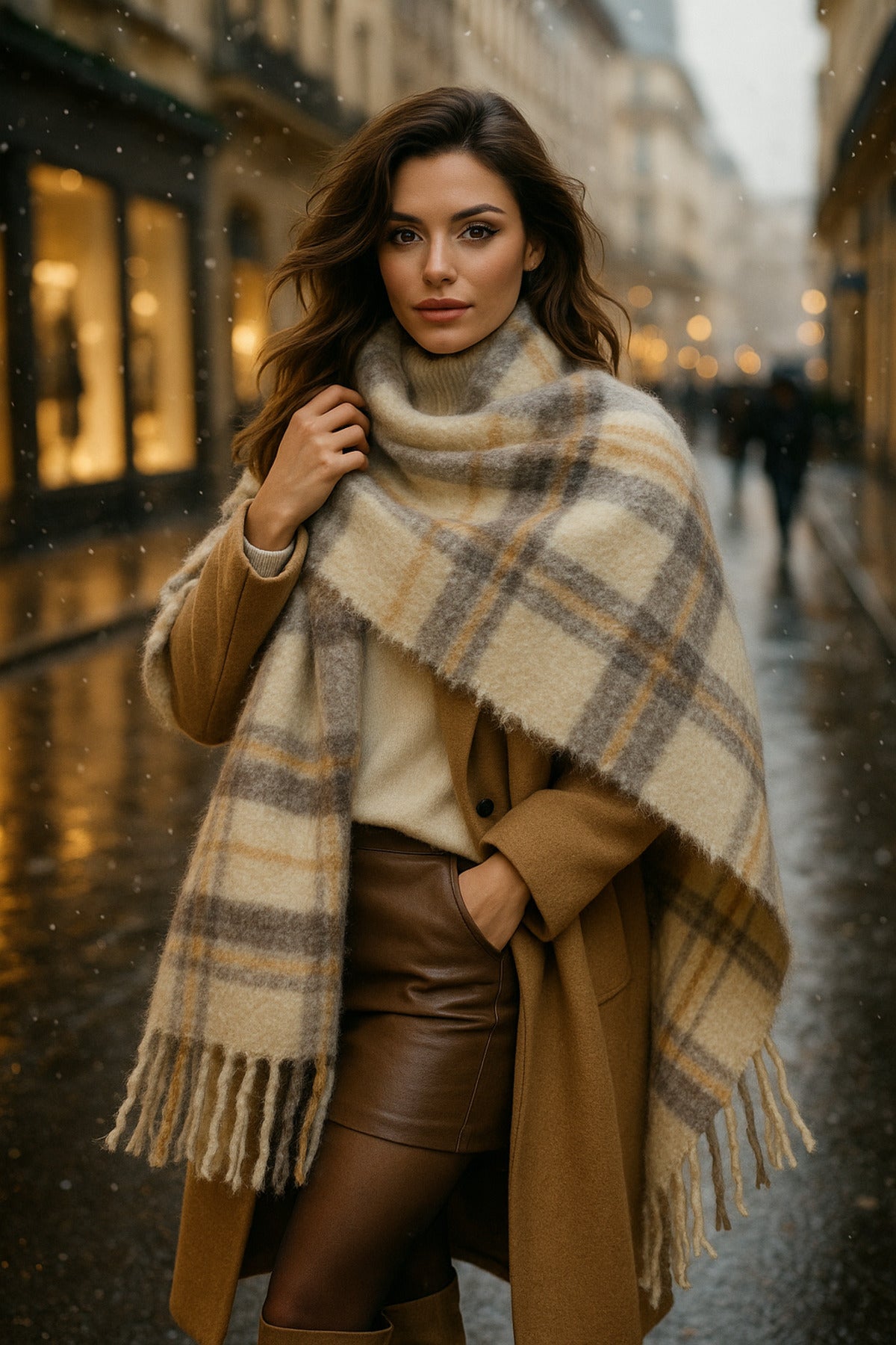 Kadın Bej Ekose Desenli Atkı-Şal SAL1297