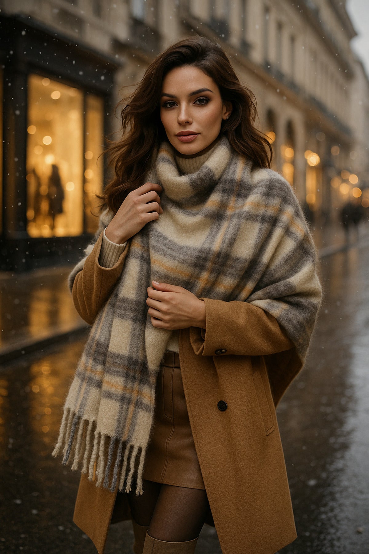 Kadın Bej Ekose Desenli Atkı-Şal SAL1297