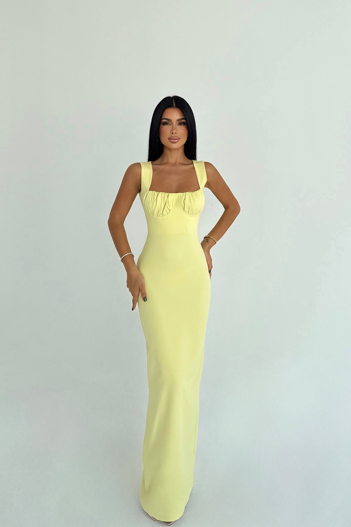 Sarı Shawly Uzun Elbise ATE-3489