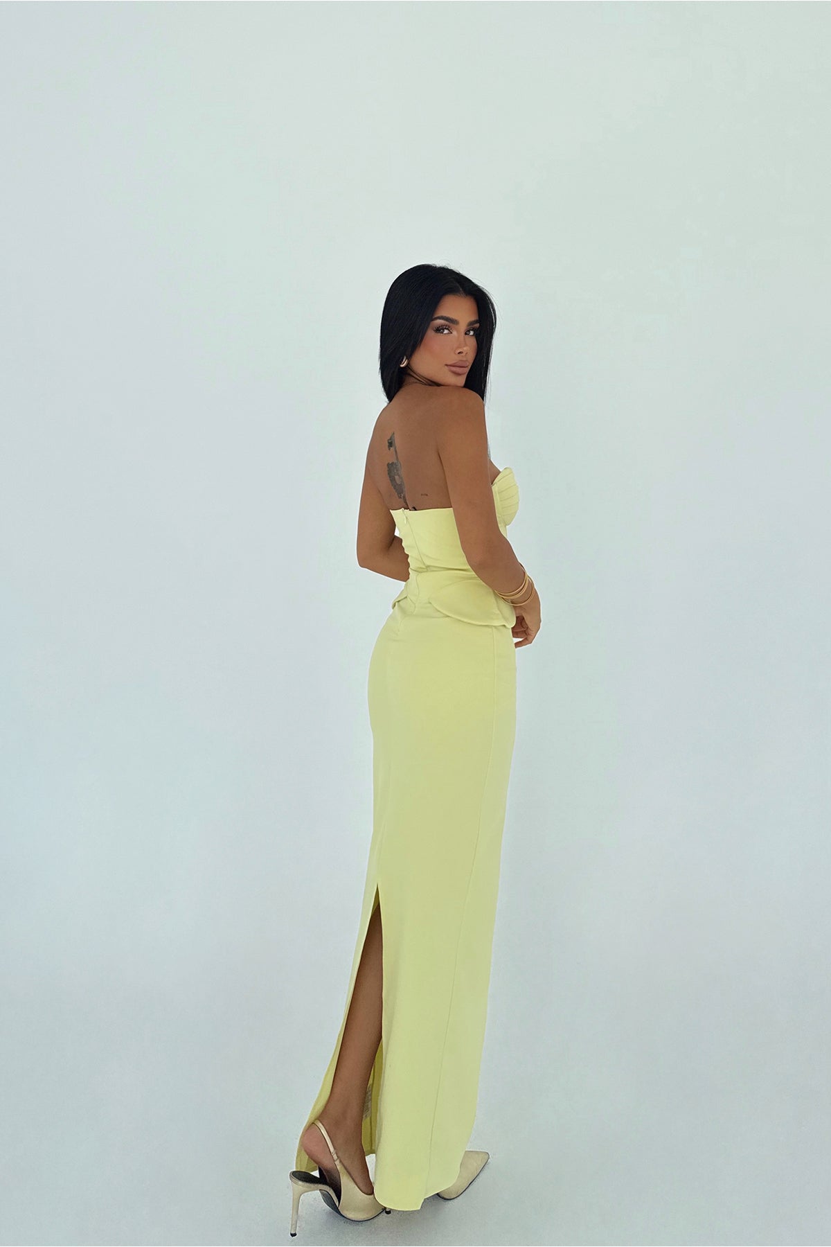 Sarı Soho Korse Detaylı Uzun Elbise ATE-3202