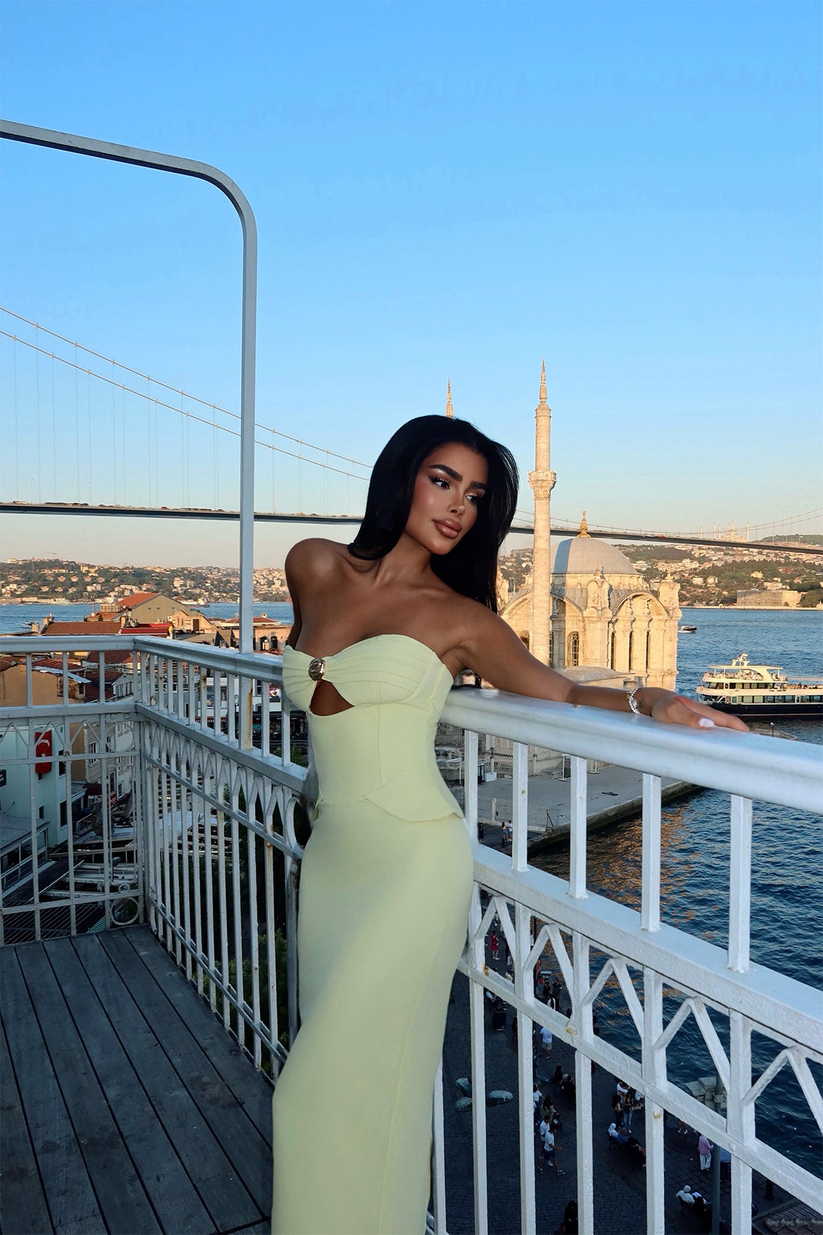 Sarı Soho Korse Detaylı Uzun Elbise ATE-3202