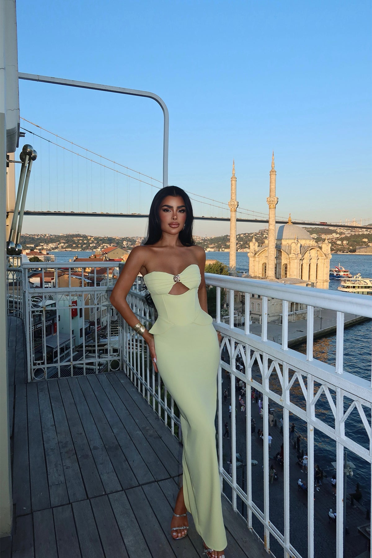 Sarı Soho Korse Detaylı Uzun Elbise ATE-3202