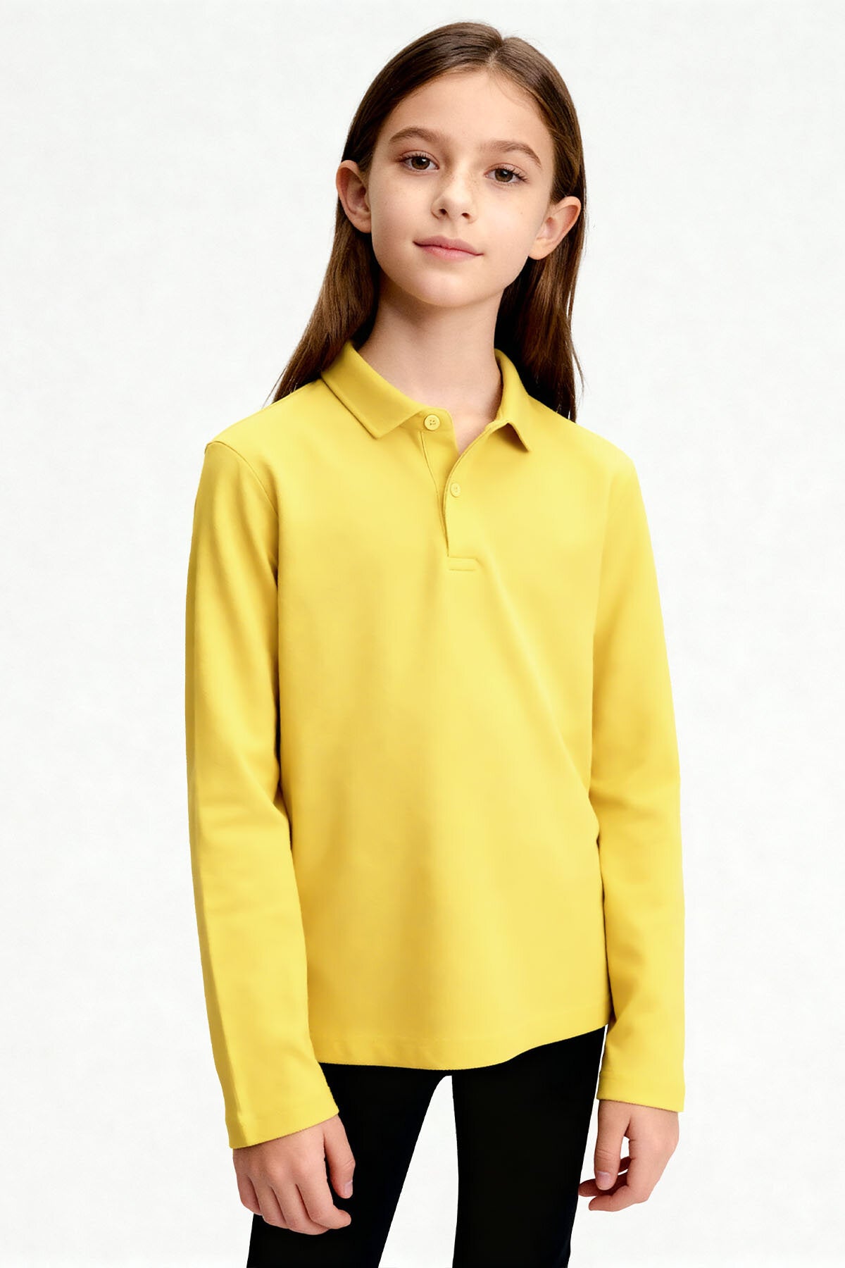 Sarı Polo Yaka Basic Uzun Kollu Unisex Çocuk T-Shirt - 11170